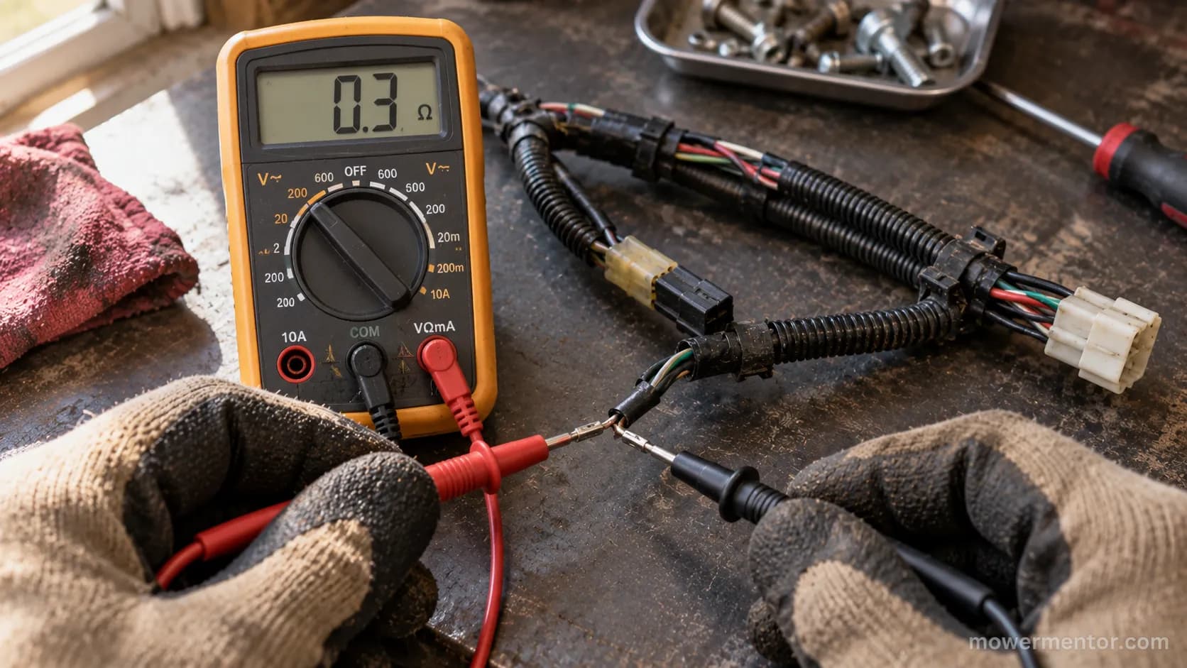 Multimeter showing a continuity reading while testing a lawn mower wiring harness