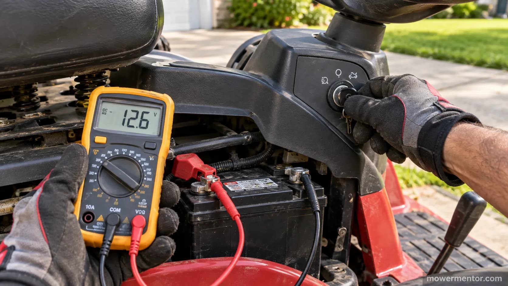 multimeter showing 12.6 volts while starting a riding mower with a bad ignition switch