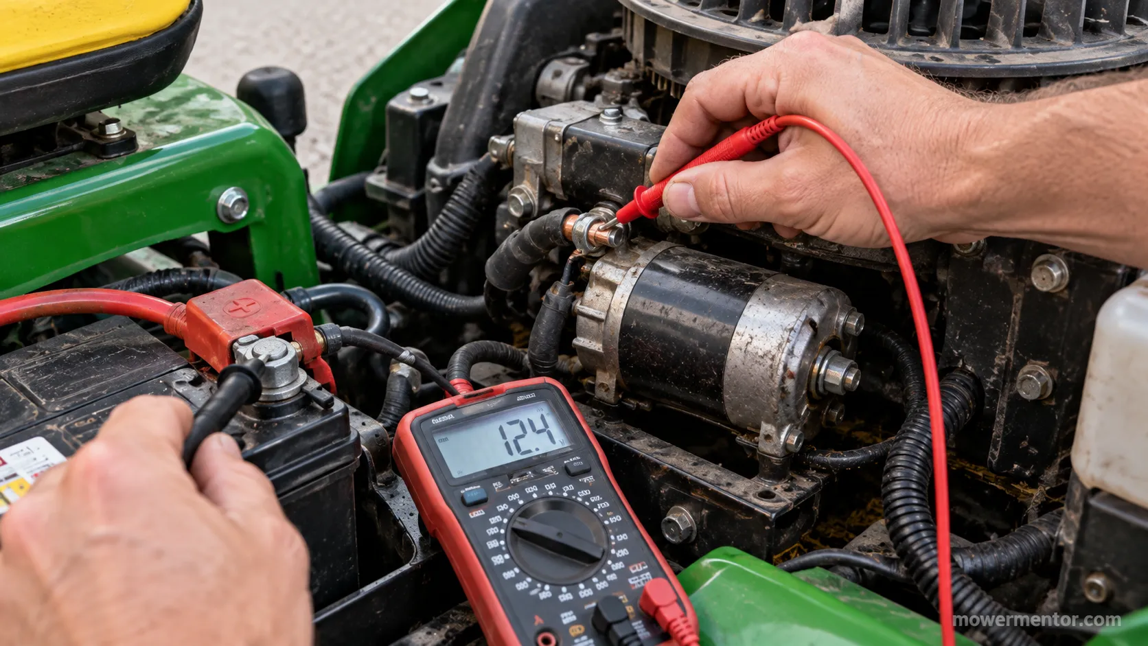 multimeter measuring voltage at a riding mower starter terminal while cranking