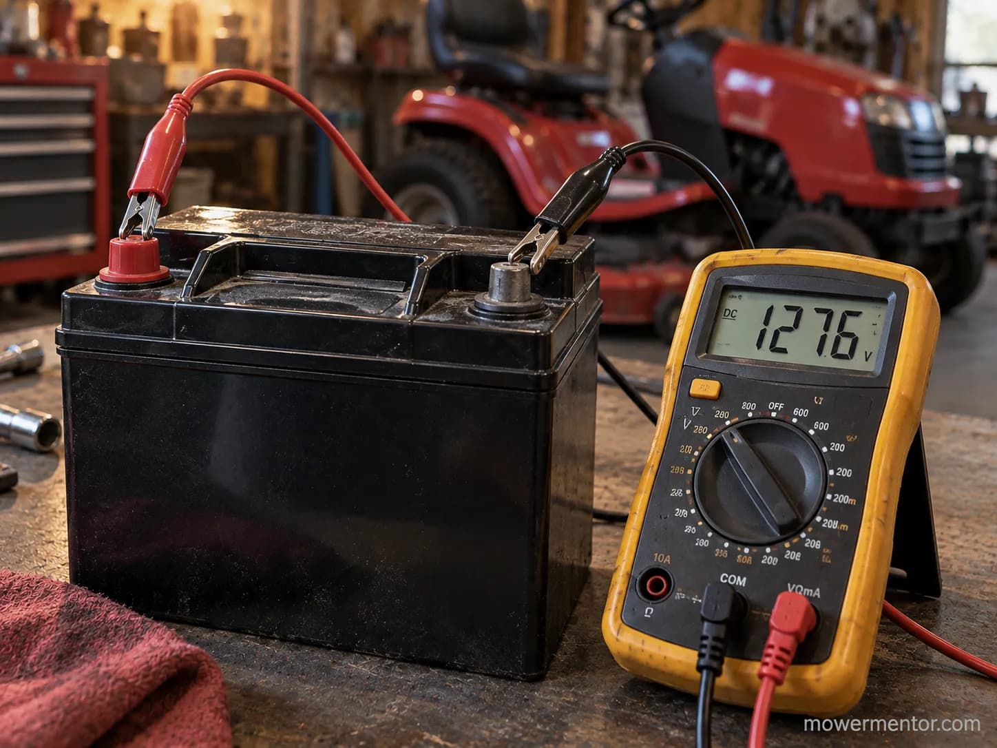 A multimeter reading resting voltage on a Troy-Bilt riding mower battery