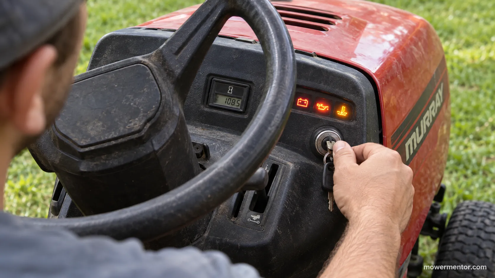 Turning the key on a Murray riding mower produces a single click with the dash lights on.