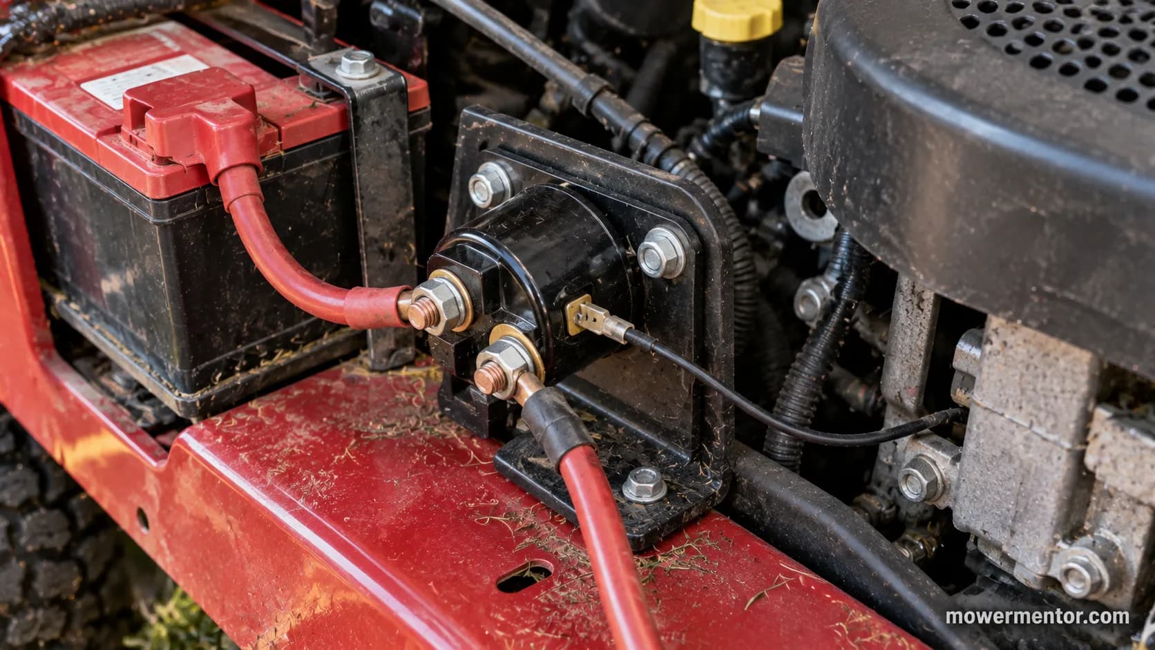 Starter solenoid mounted on the fender bracket of a Murray riding mower near the battery.