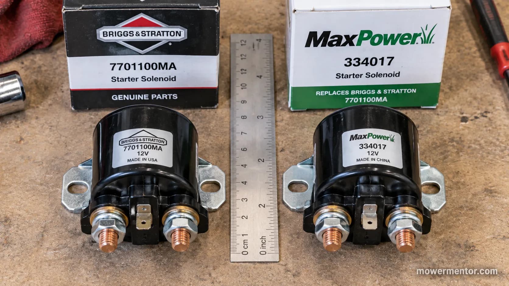 Genuine Murray 7701100MA solenoid next to a MaxPower cross-reference unit with a ruler.