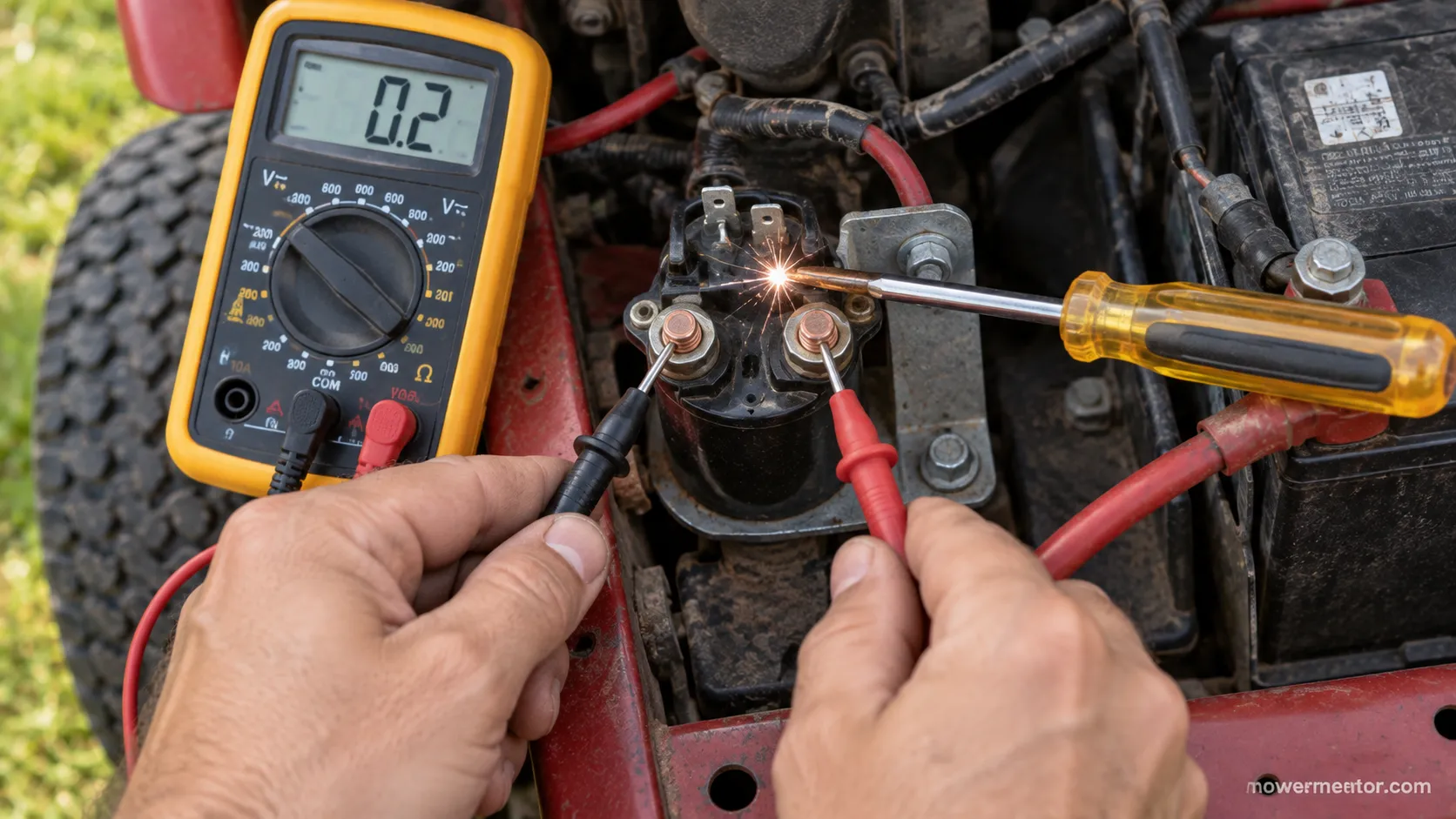 Testing a Murray riding mower starter solenoid with a multimeter and screwdriver bypass.