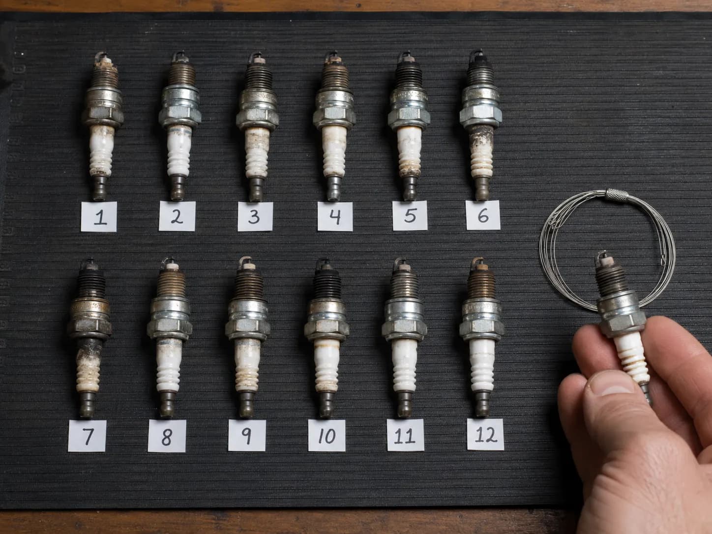Twelve numbered small engine spark plugs arranged on a workbench before gap measurement, showing different wear conditions with a wire gap gauge ready for inspection and comparison.