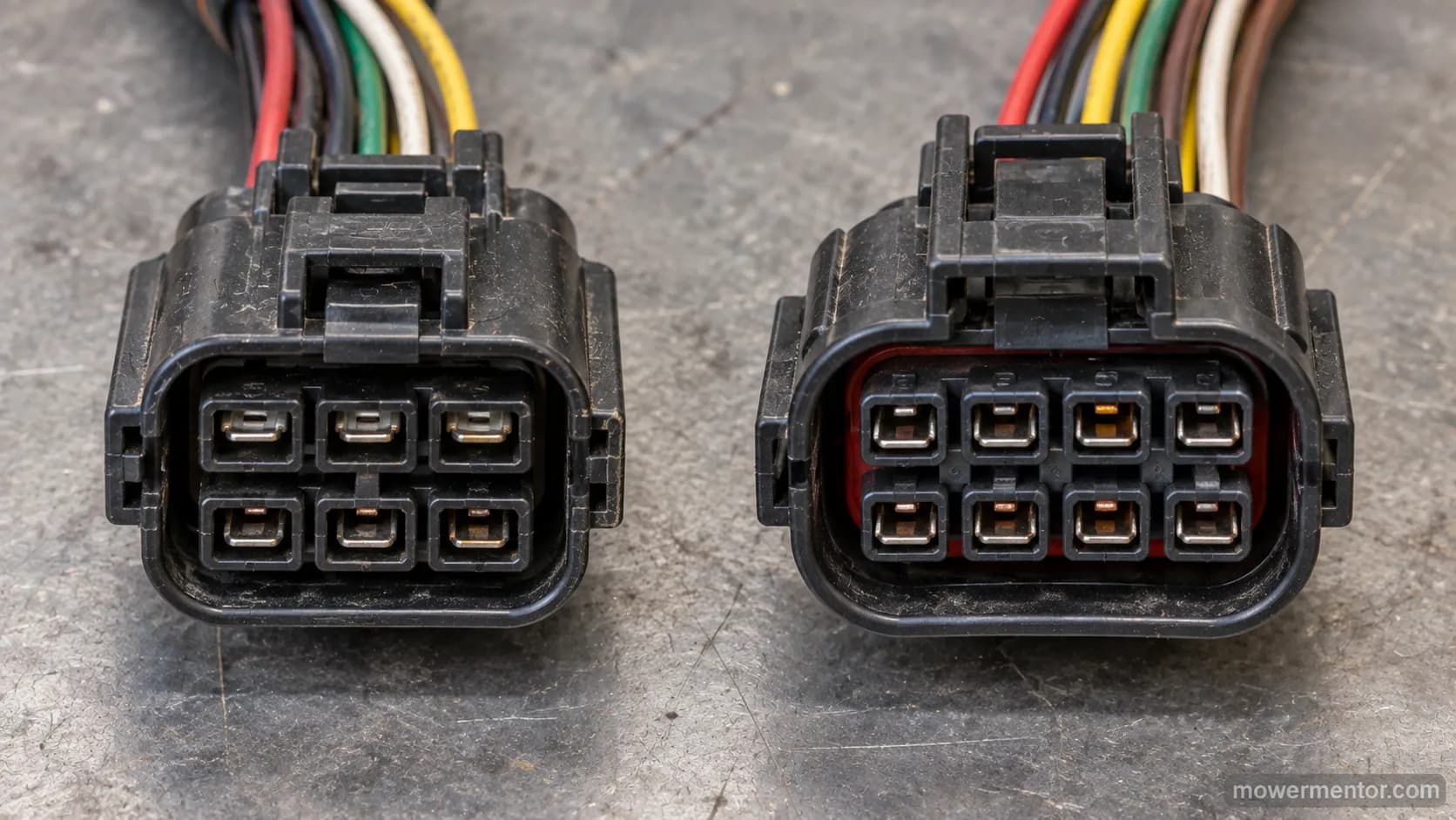 OEM and aftermarket lawn mower harness connectors compared side by side by pin count
