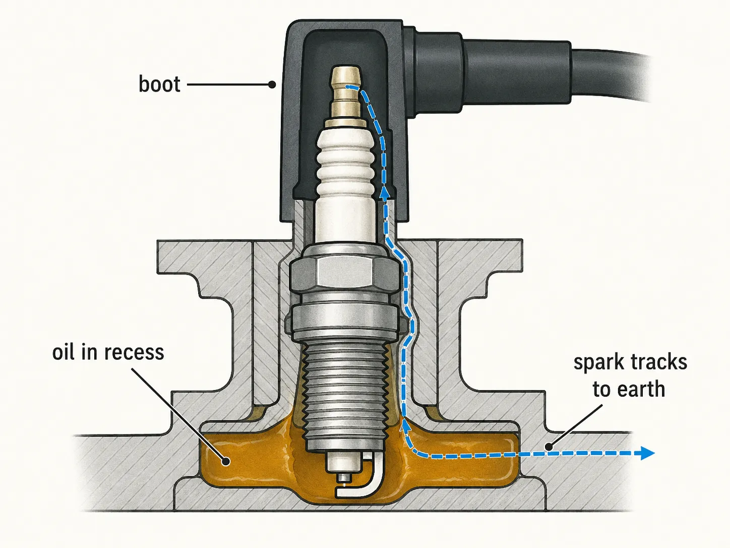 Cutaway diagram showing oil pooled in a spark plug well causing electrical spark tracking down the insulator to ground instead of across the electrode gap.