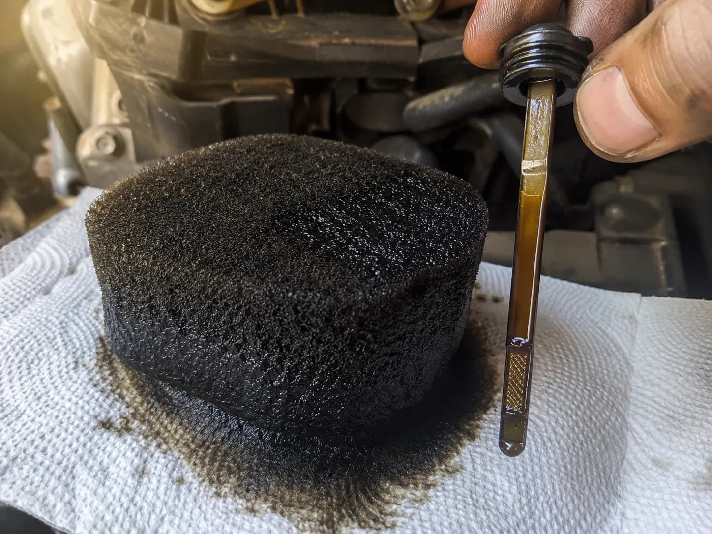 Oil-soaked foam air filter resting on a paper towel beside an engine dipstick showing the oil level above the full mark, indicating engine oil overfilling.