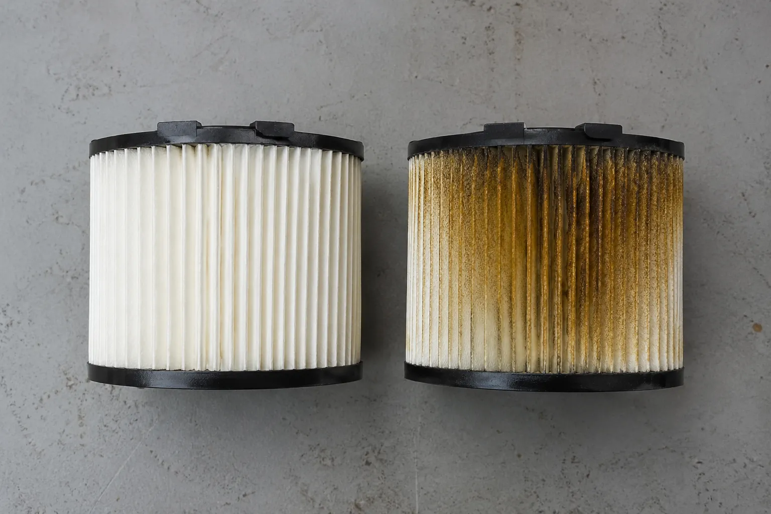 Side-by-side comparison of a clean white lawn mower air filter cartridge and an oil-soaked cartridge with dark amber stains after eight hours beneath an over-oiled foam pre-filter.