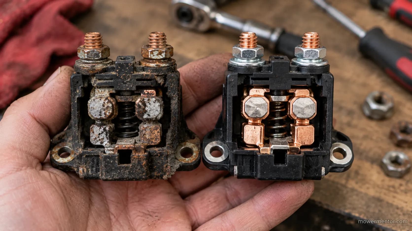 Removed mower solenoid with pitted contacts next to a clean new replacement solenoid.