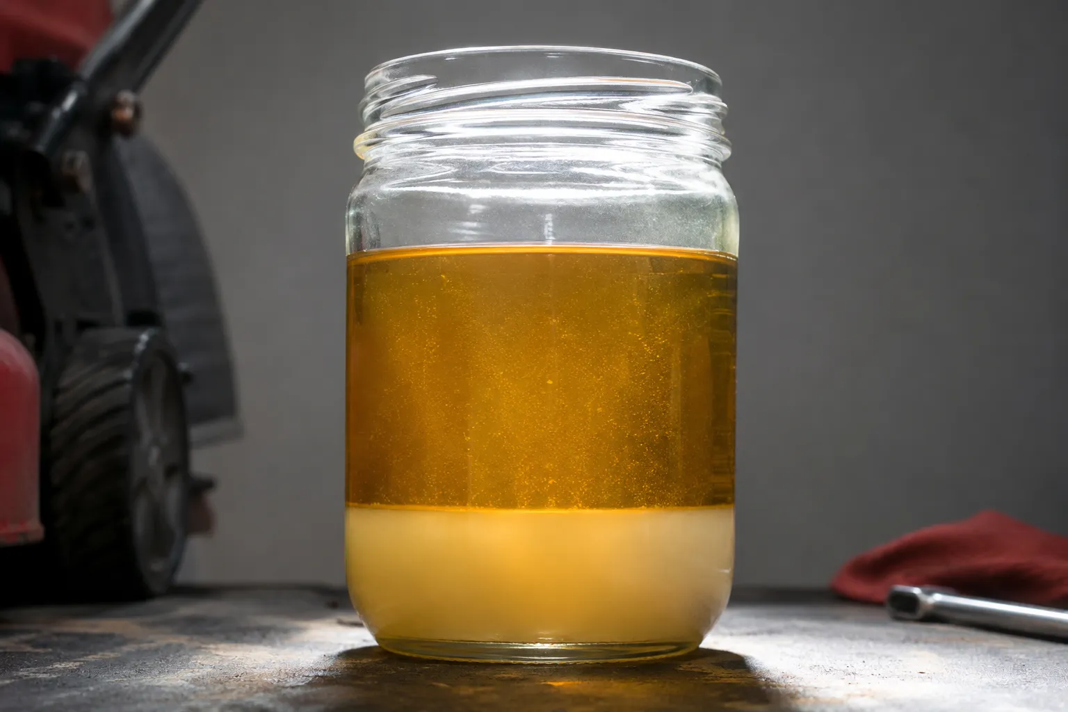 Old stale gasoline drained from a lawn mower stored since October in a clear glass jar, showing a distinct cloudy water layer settled at the bottom on a workshop bench.