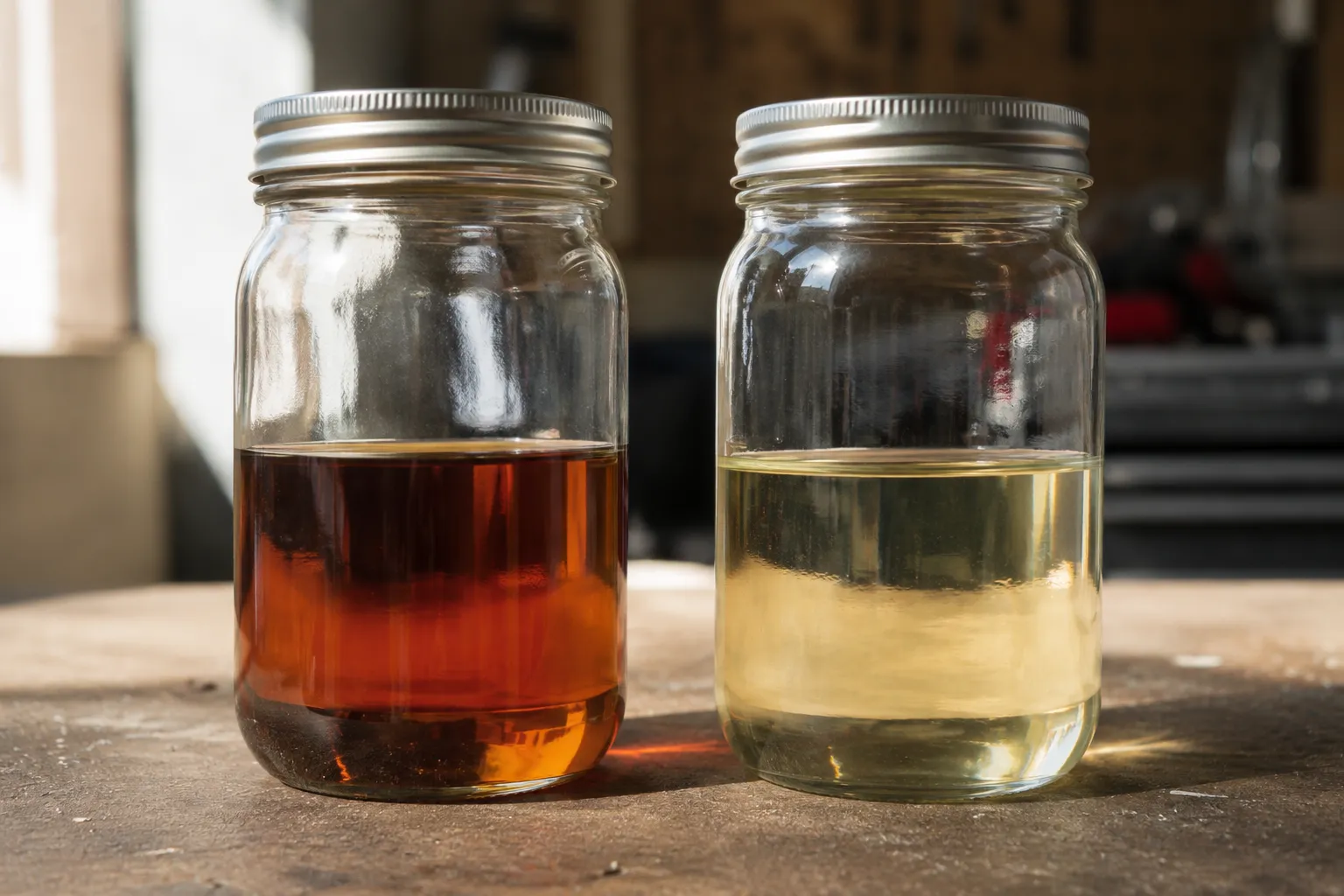 Side-by-side comparison of two clear glass jars showing dark varnished old gasoline on the left and fresh pale gasoline on the right on a garage workbench.
