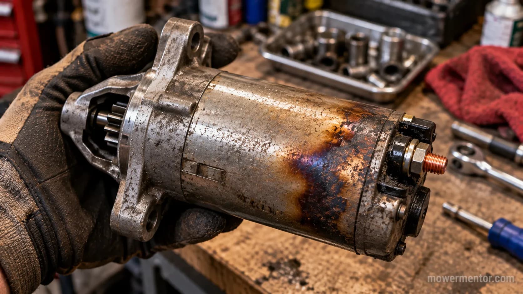 riding mower starter with heat-discolored casing from overheating