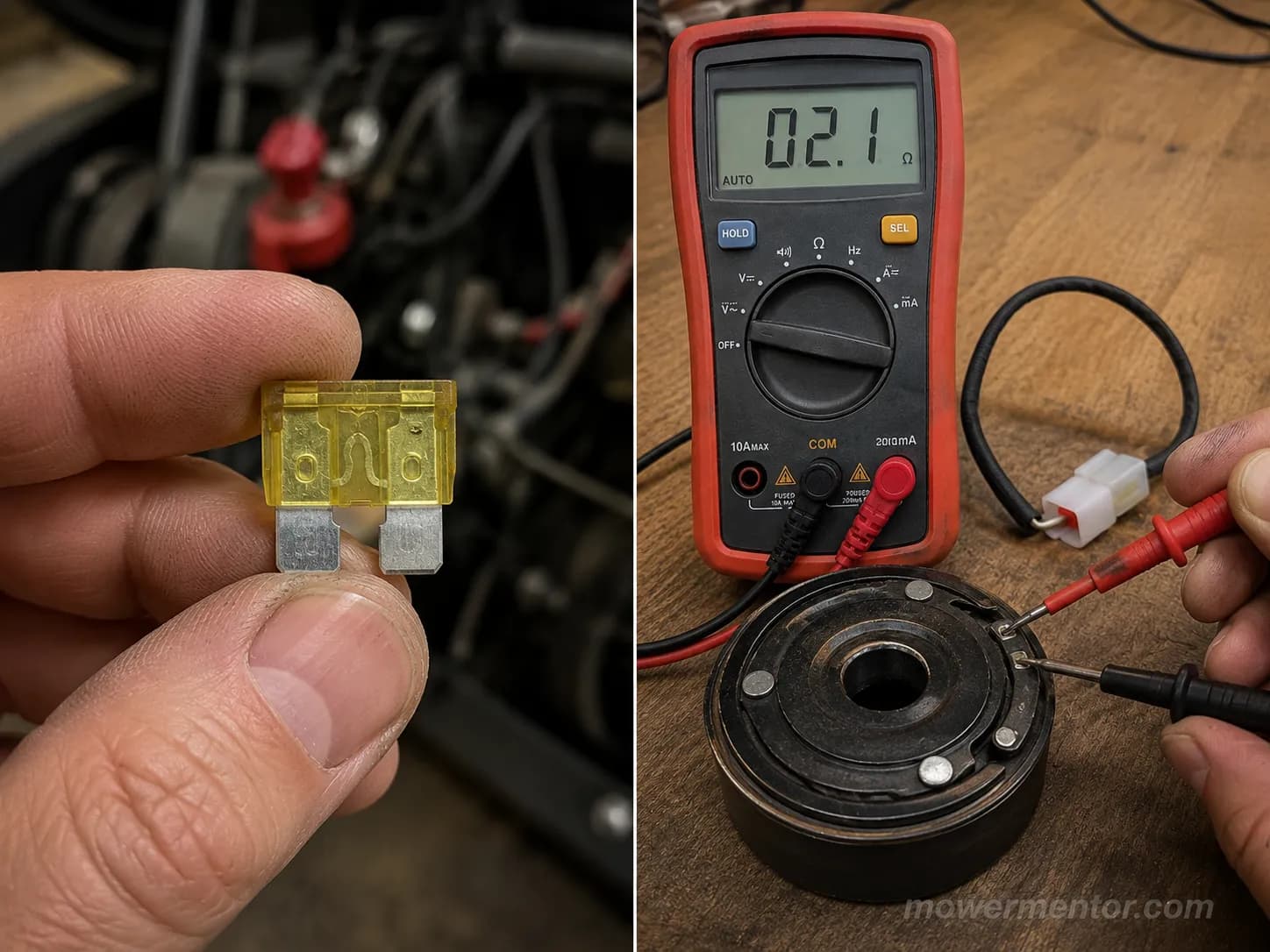 A blown mower PTO fuse beside a low clutch-coil resistance reading.