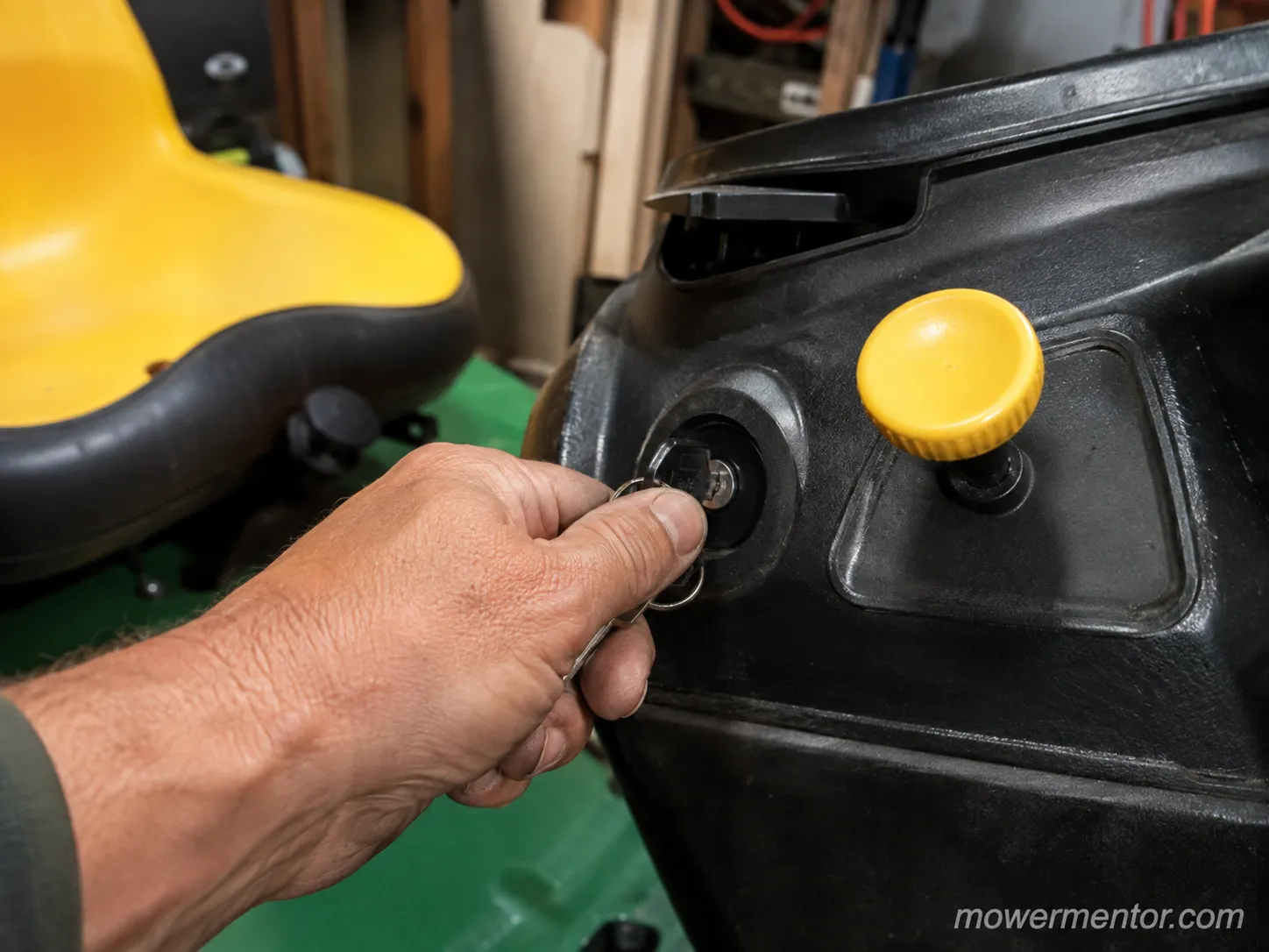 Turning the key to run to test a lawn mower PTO switch for a clutch click.