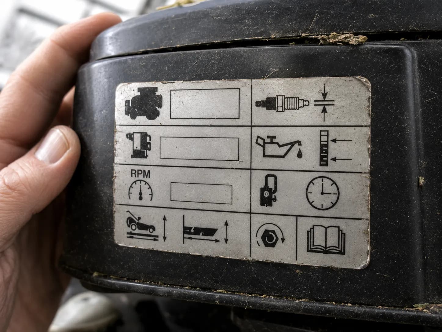 Close-up of a Quantum engine code date decal on a black engine shroud with an adult hand steadying the housing, light grass clippings in the seam, photographed in soft overcast daylight.