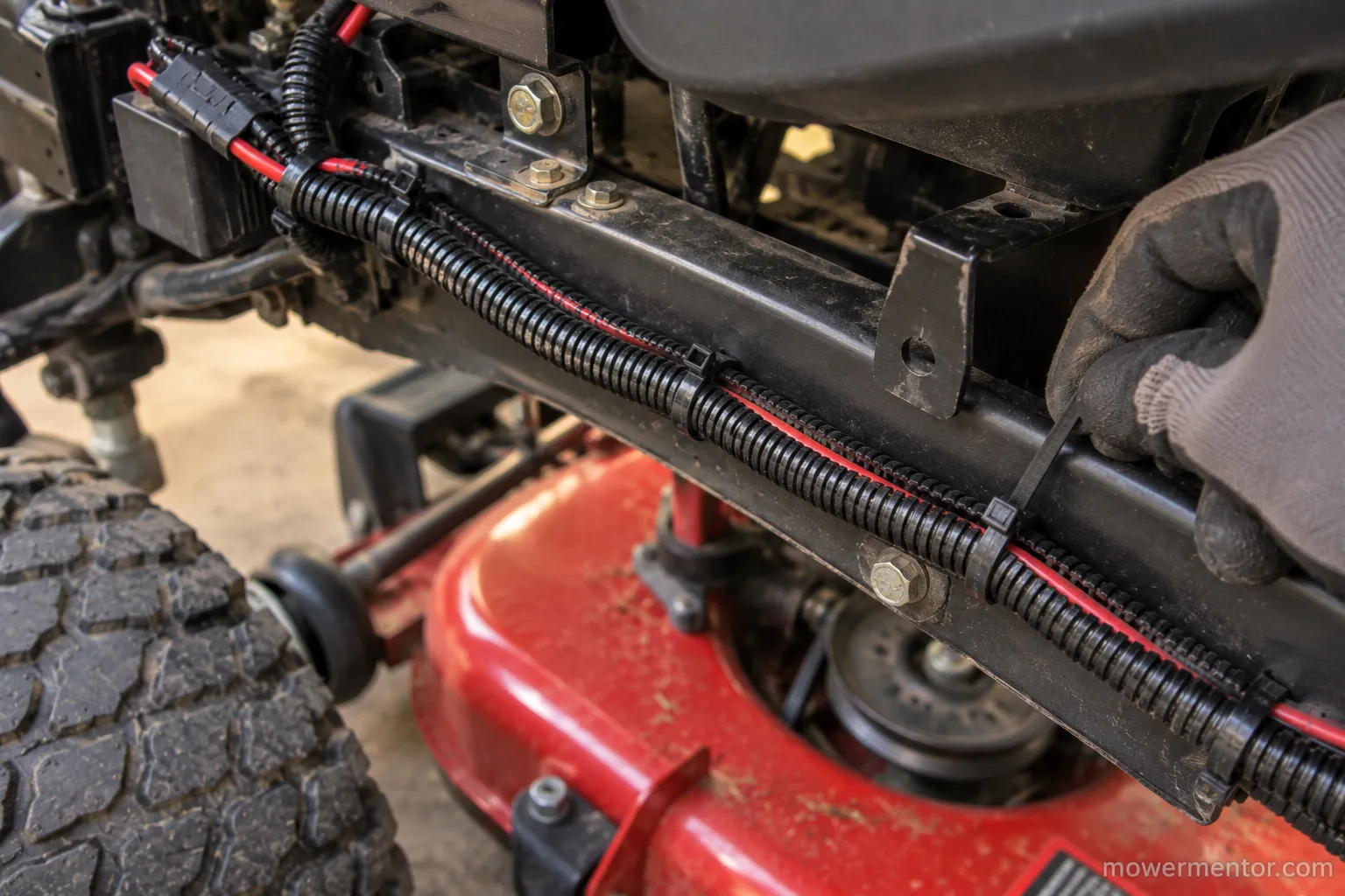 Re-routed Husqvarna riding mower wiring harness to prevent blown fuses