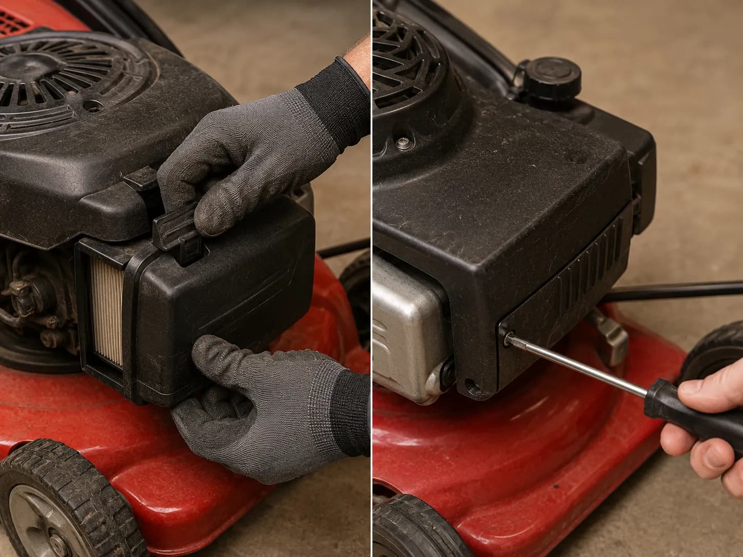 Split view showing a mower air filter cover opened by hand with a snap latch on one side and another cover removed with a flat-head screwdriver on the other during maintenance.