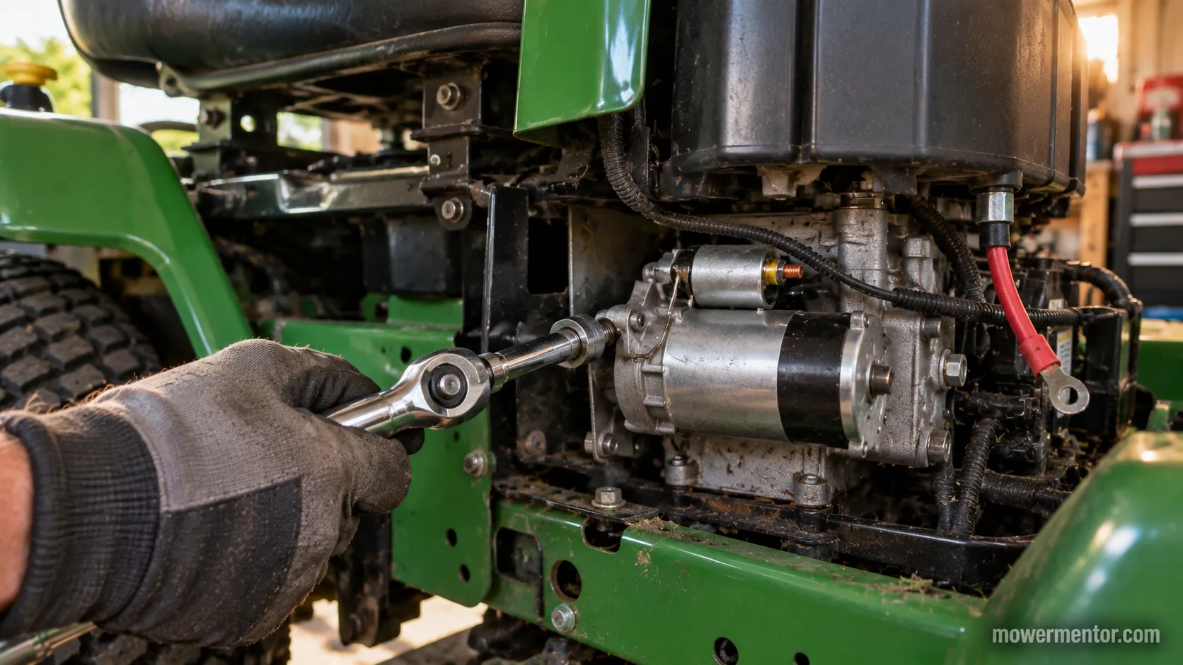removing the mounting bolts on a lawn mower starter motor.