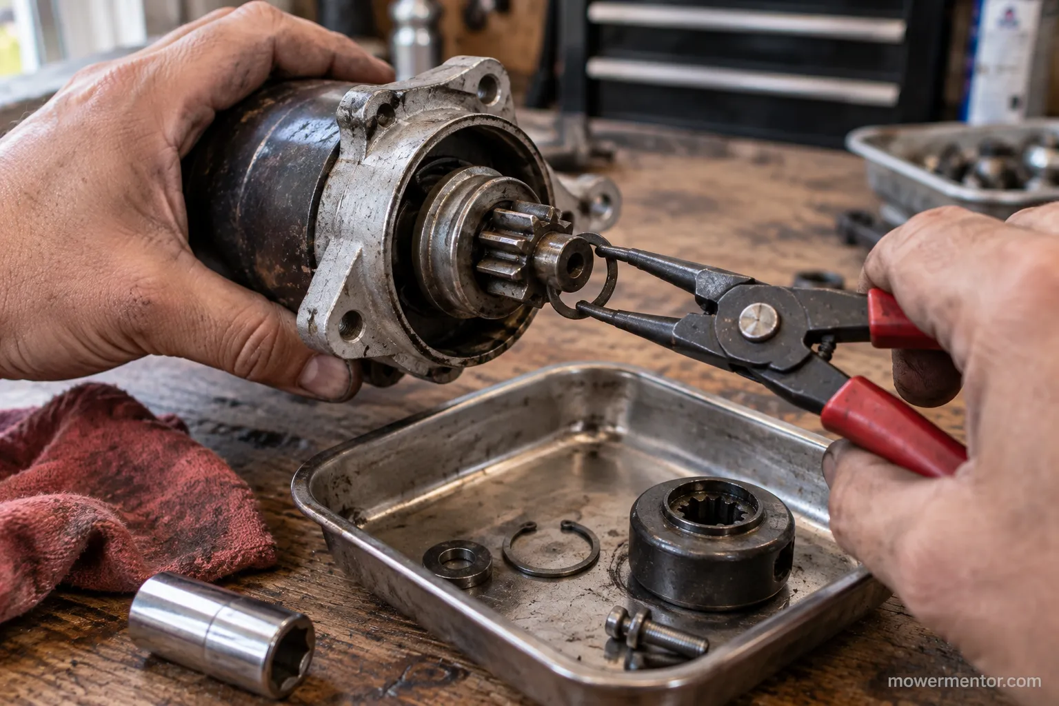 Hands removing the retainer clip from a lawn mower starter during rebuild.