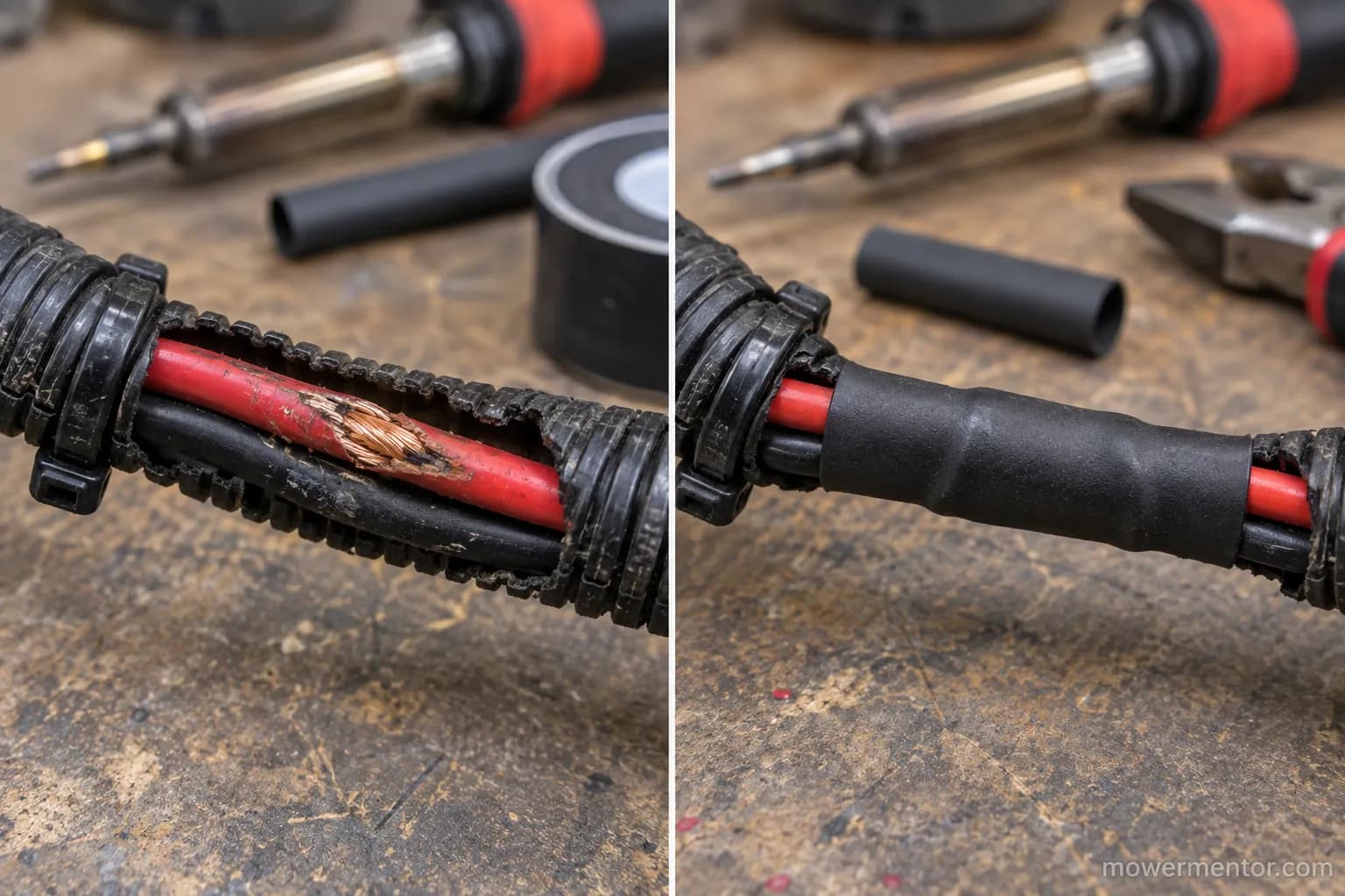 Repaired chewed wire on a Husqvarna riding mower wiring harness before and after