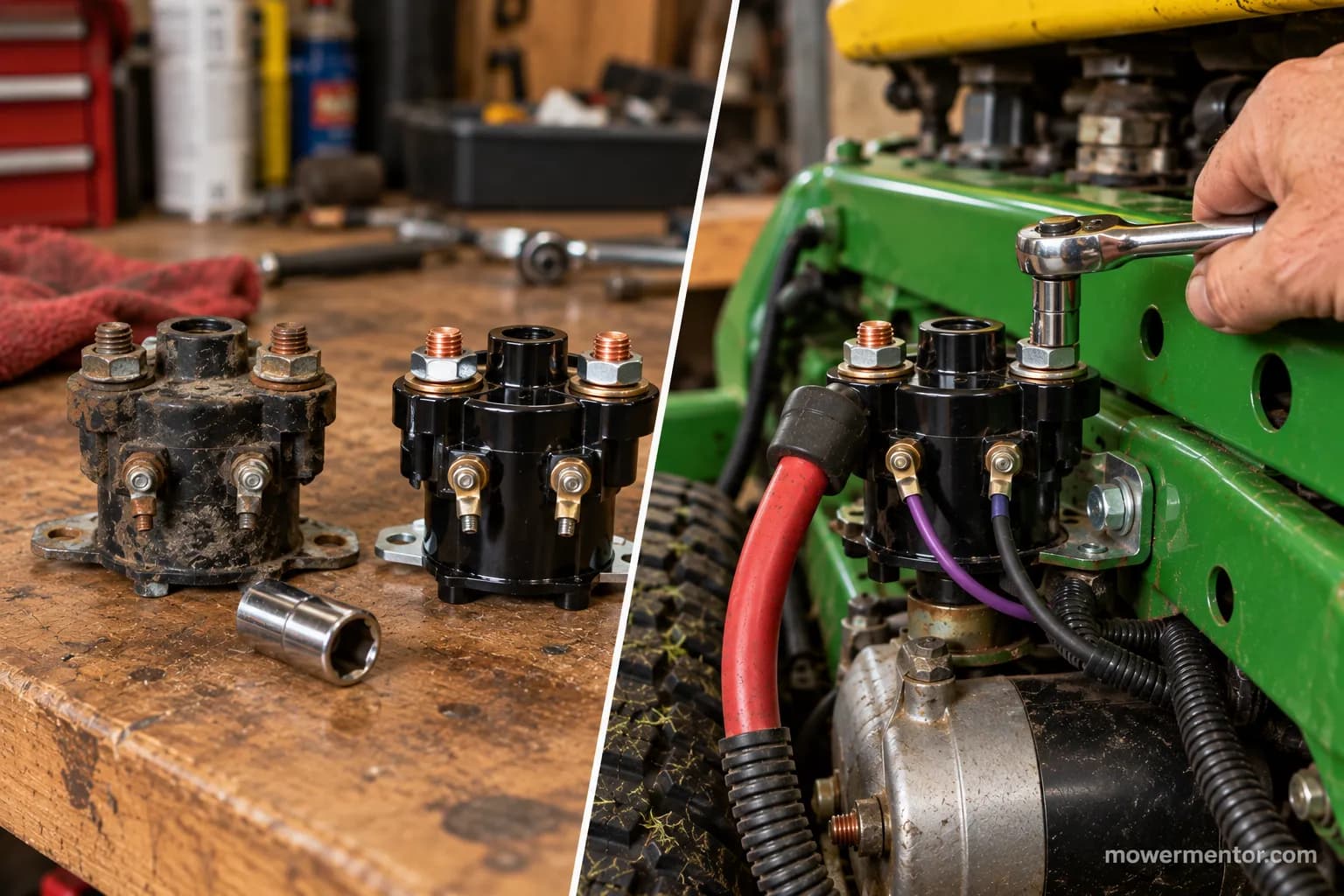 Replacing a John Deere lawn mower starter solenoid, old unit removed and new one installed with wiring reconnected.