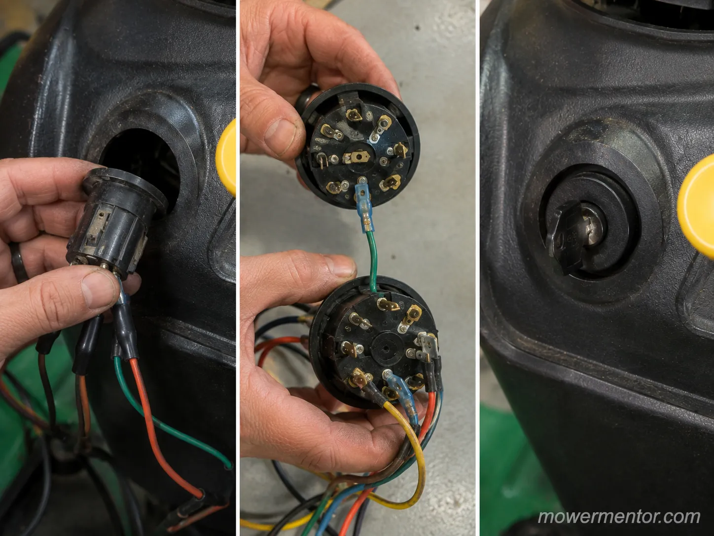 Replacing a lawn mower PTO switch step by step on the dashboard.