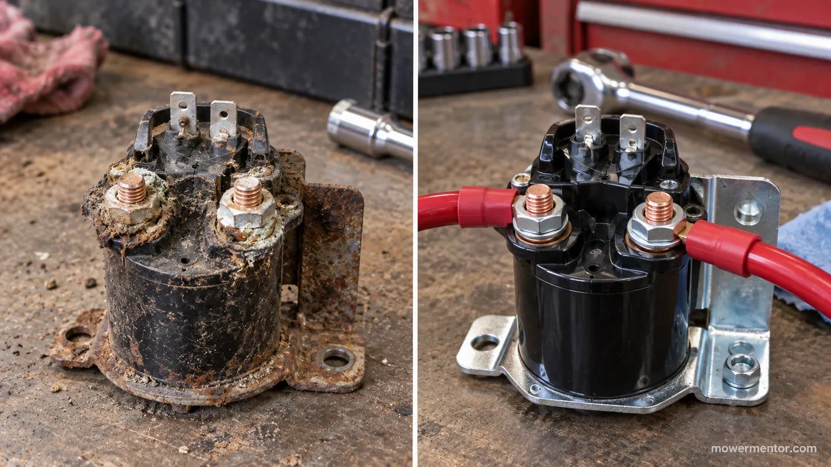 Old corroded and new starter solenoid for a Murray riding mower side by side.