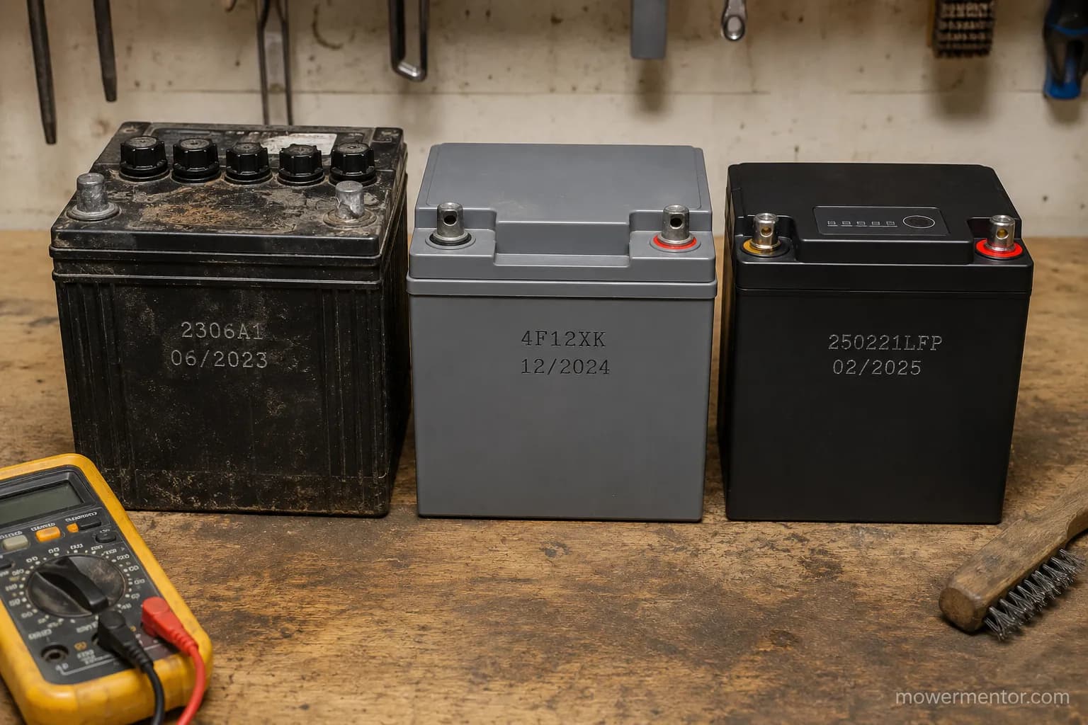 Three riding mower batteries showing date codes, flooded, AGM and lithium types