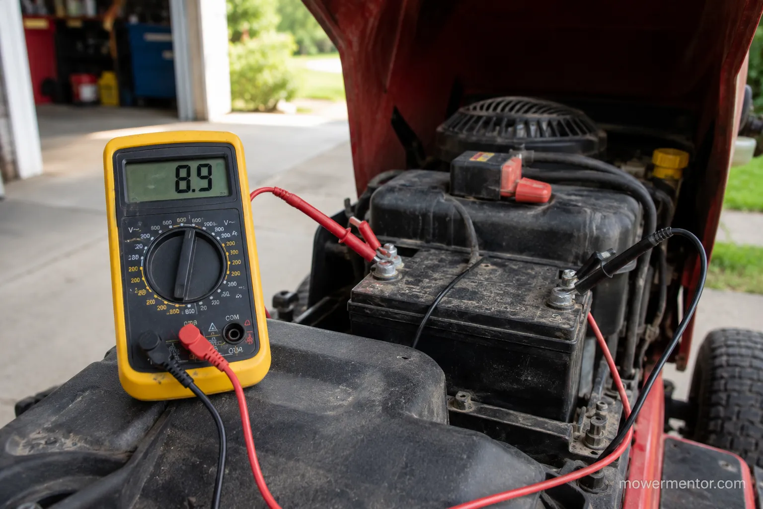 multimeter clamped to a riding mower battery showing a low voltage reading under cranking load