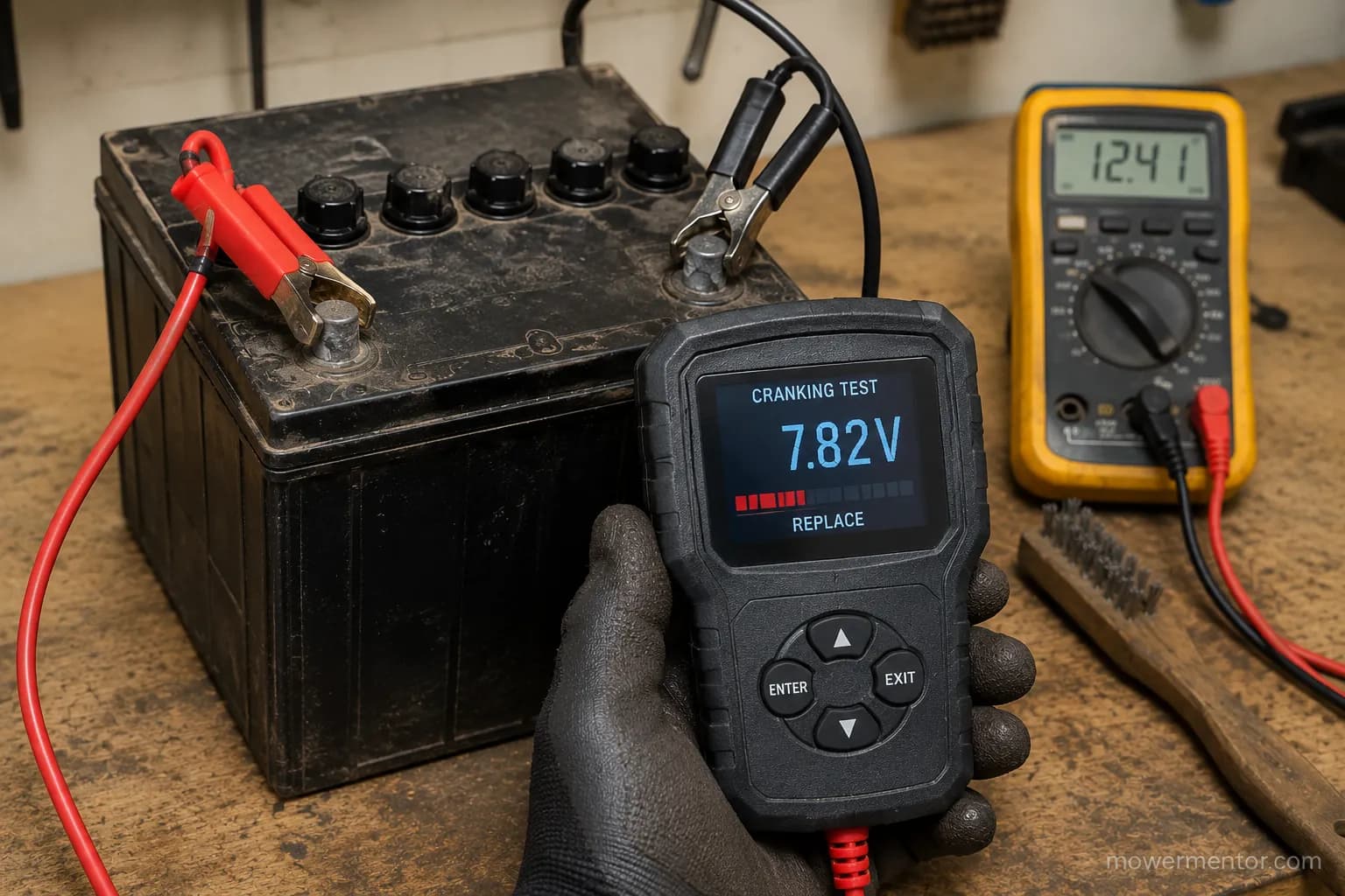 Digital load tester on a U1 riding mower battery showing voltage sagging under a crank test