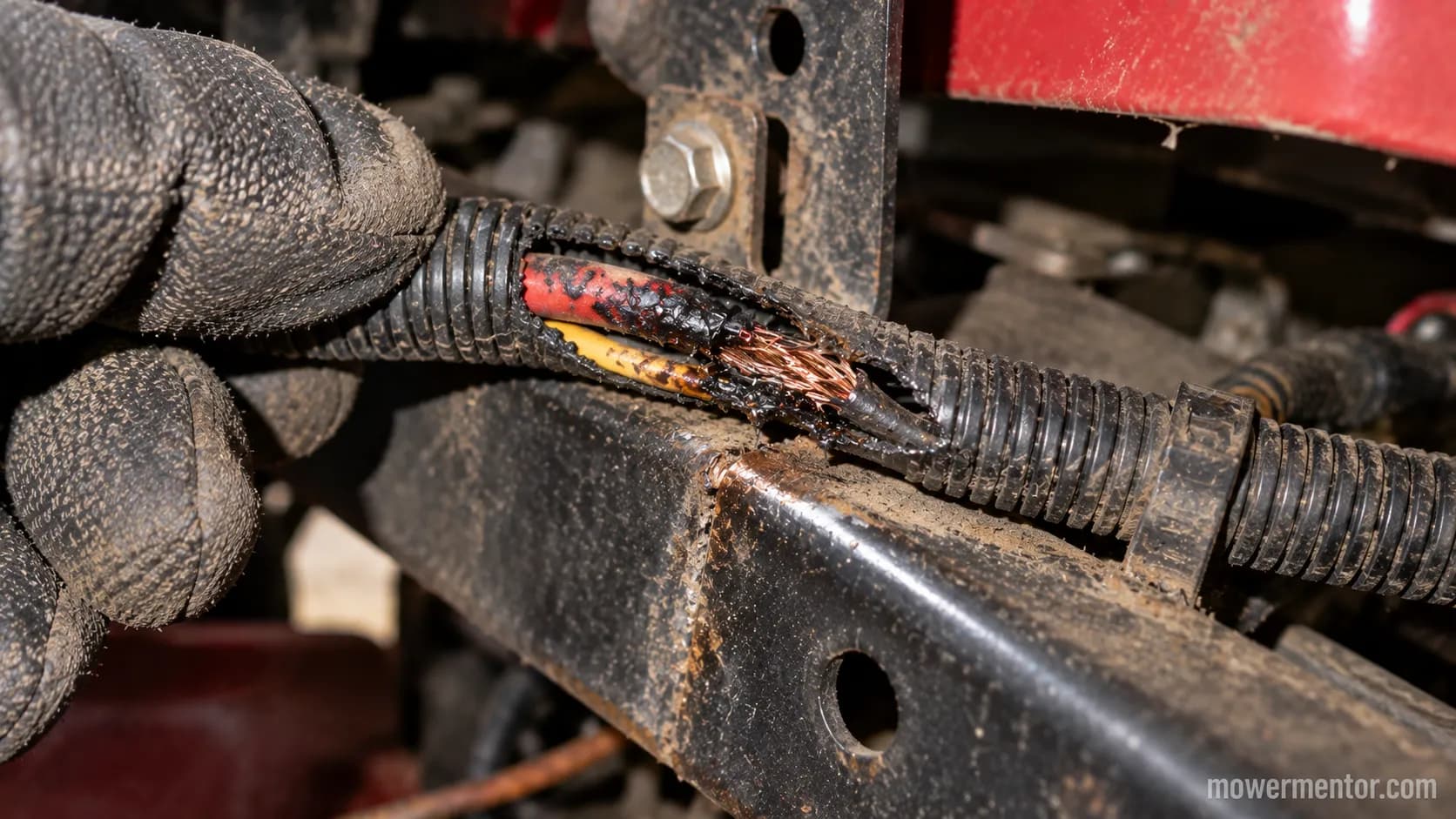 Chafed riding mower wiring harness causing a blown fuse