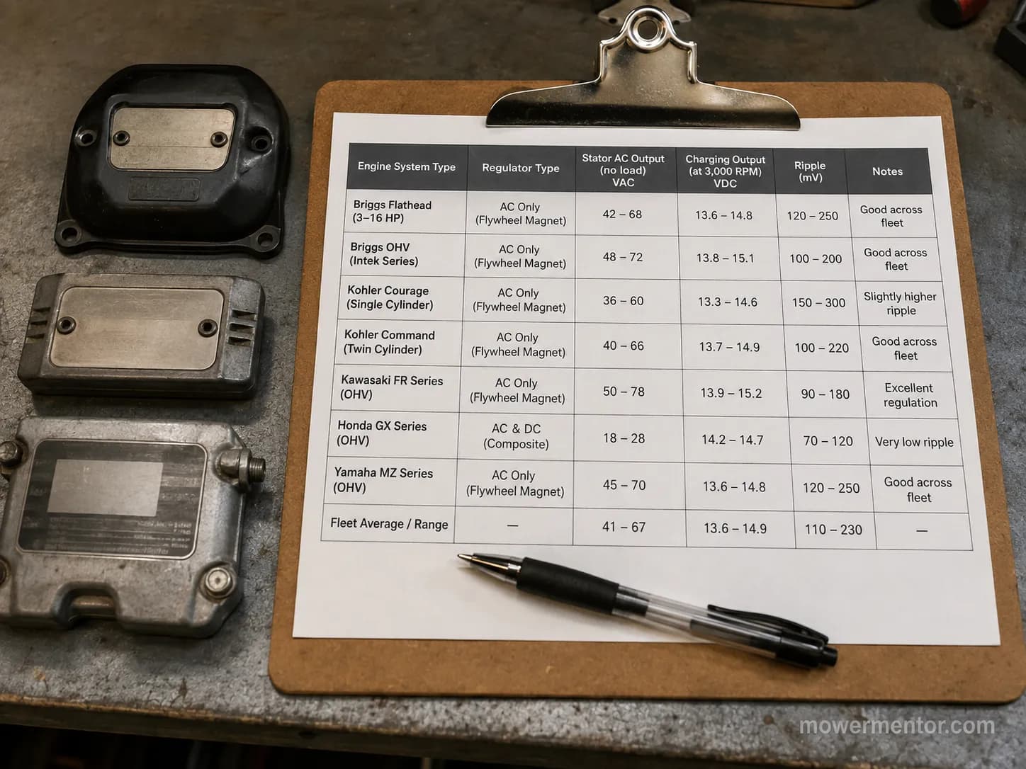 Riding mower charging system types by engine with measured output across the test fleet.