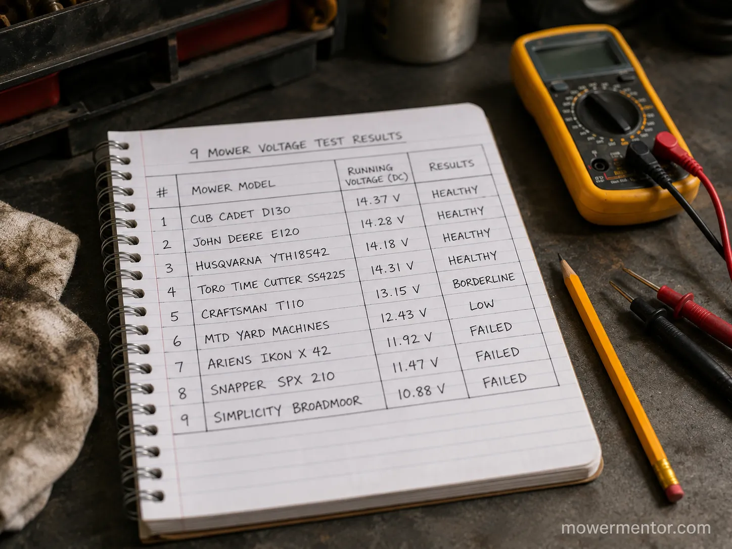 Riding mower charging voltage readings healthy versus failed across nine test mowers