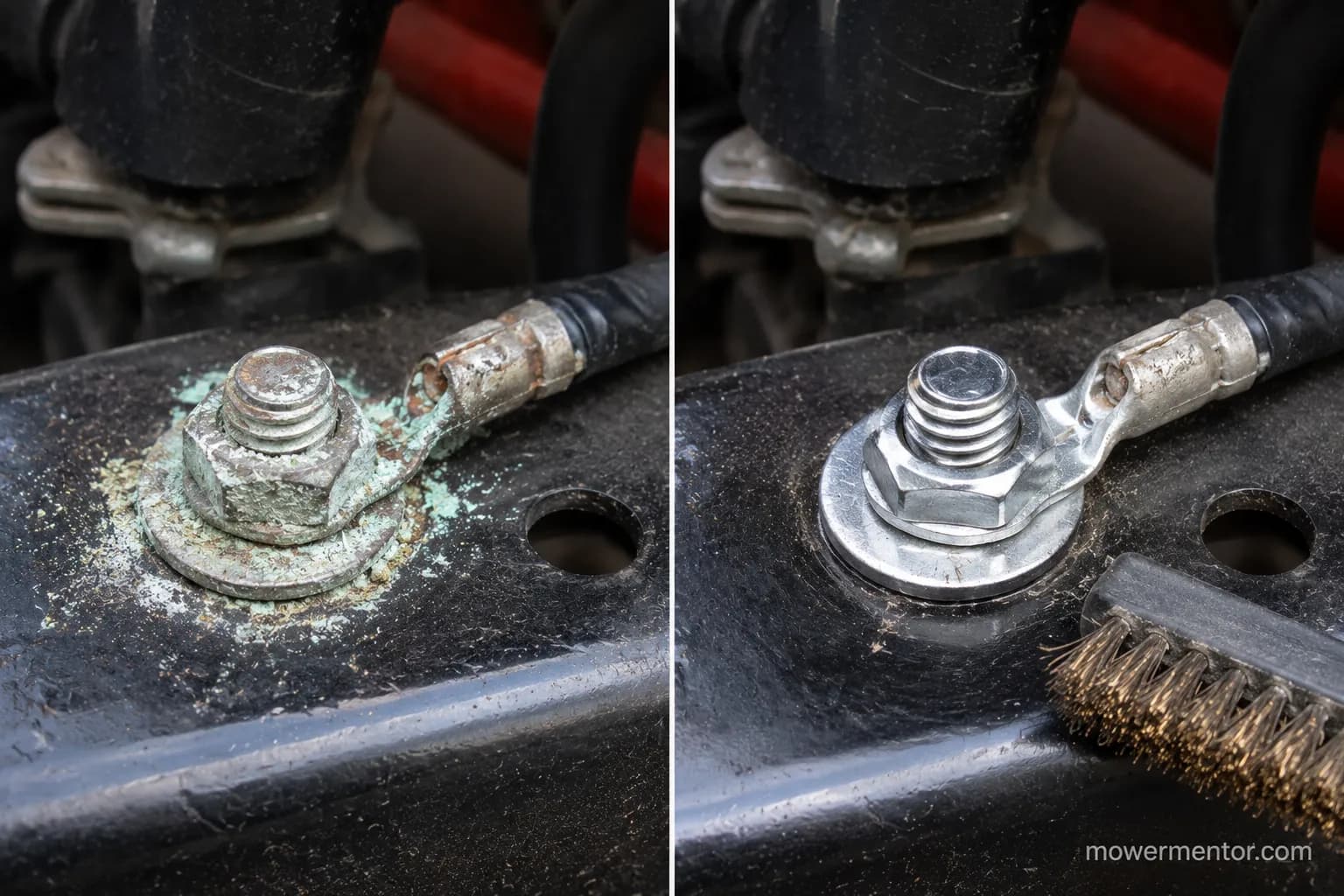 corroded riding mower frame ground bolt on the left and the same bolt cleaned to bright metal on the right