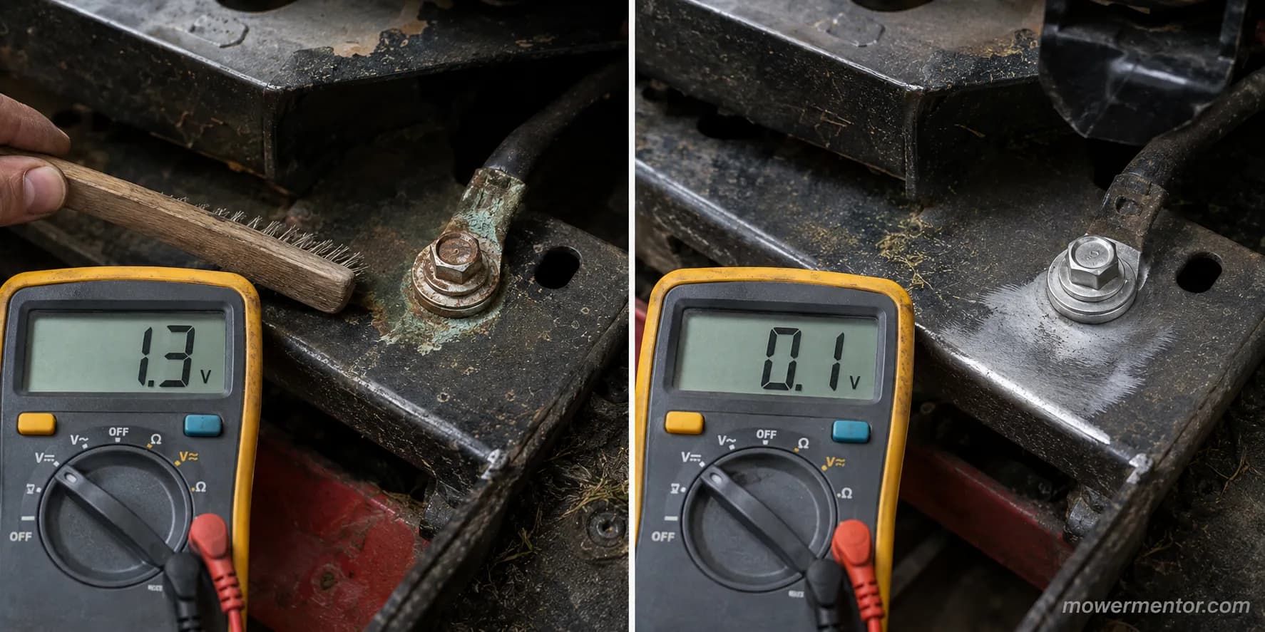 riding mower ground strap voltage drop before and after cleaning the chassis bolt.