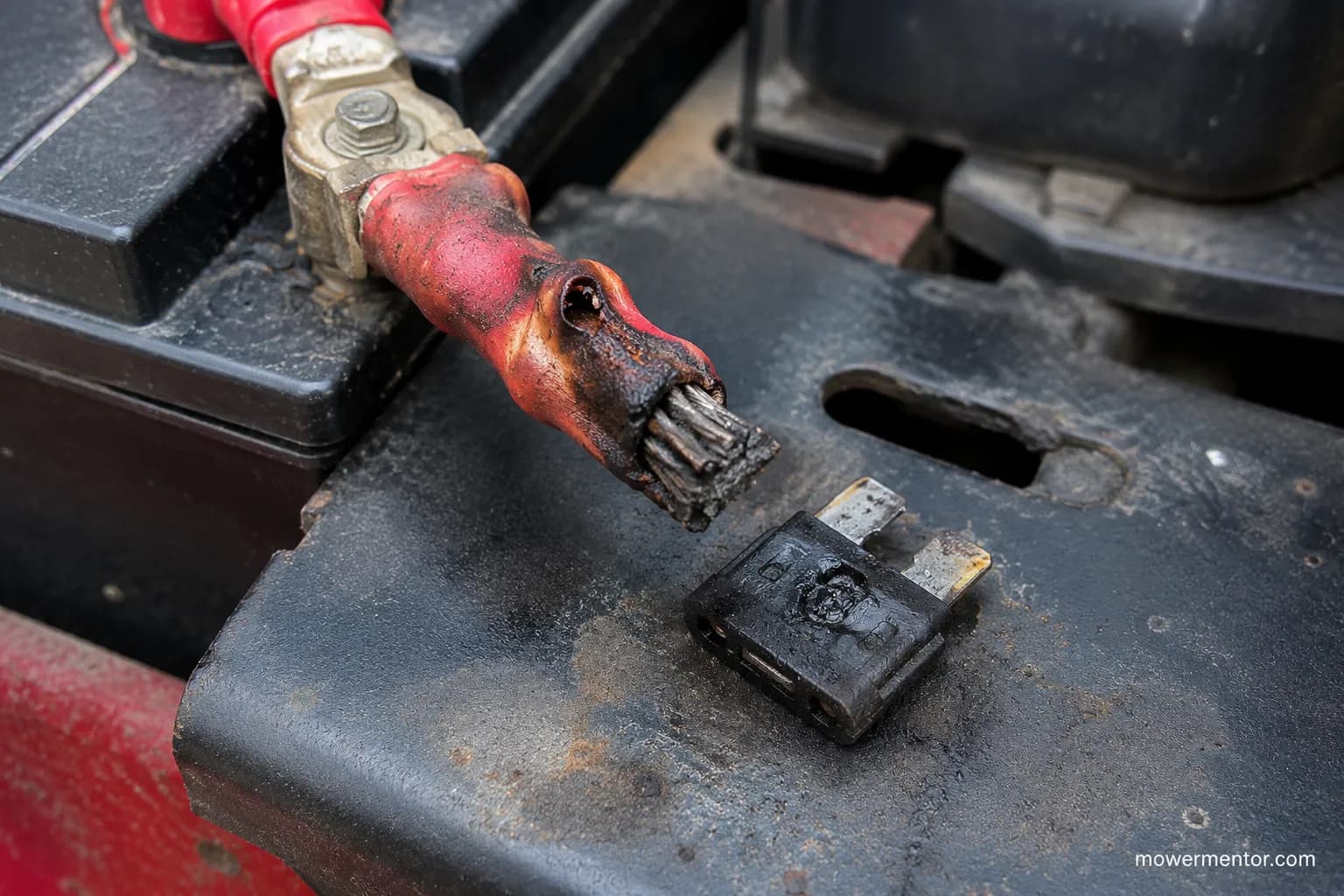 melted positive battery cable and blackened blown fuse on a riding mower signaling an electrical short