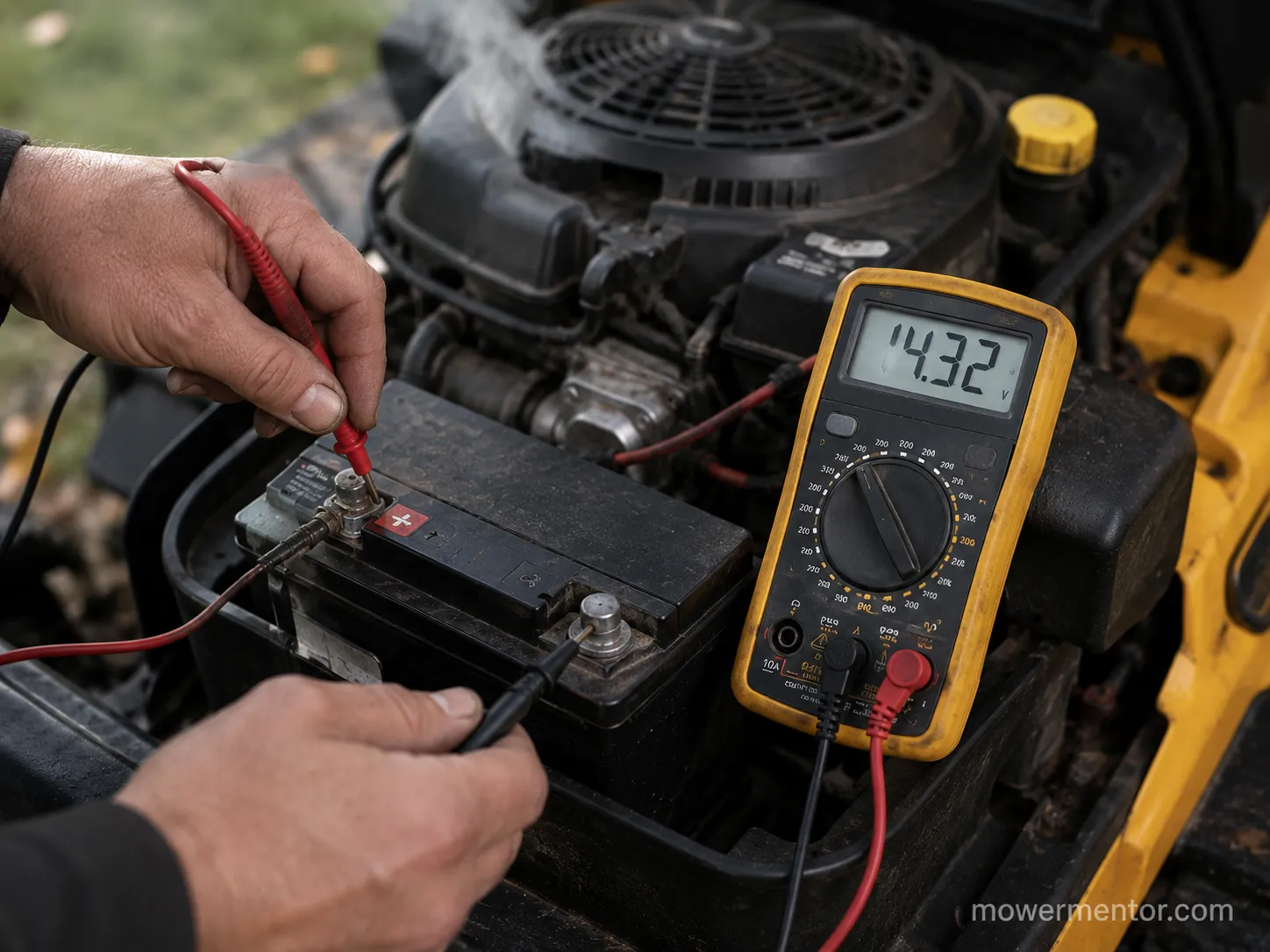 Measuring parasitic draw on a riding mower battery with a clamp meter on the negative cable