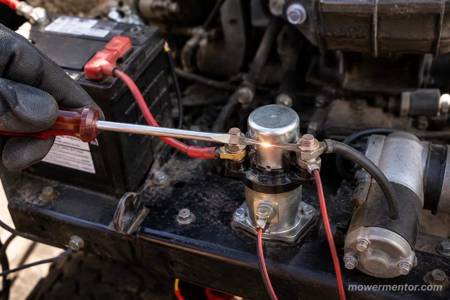 screwdriver bridging two solenoid terminals on a riding mower with a small spark at the contact