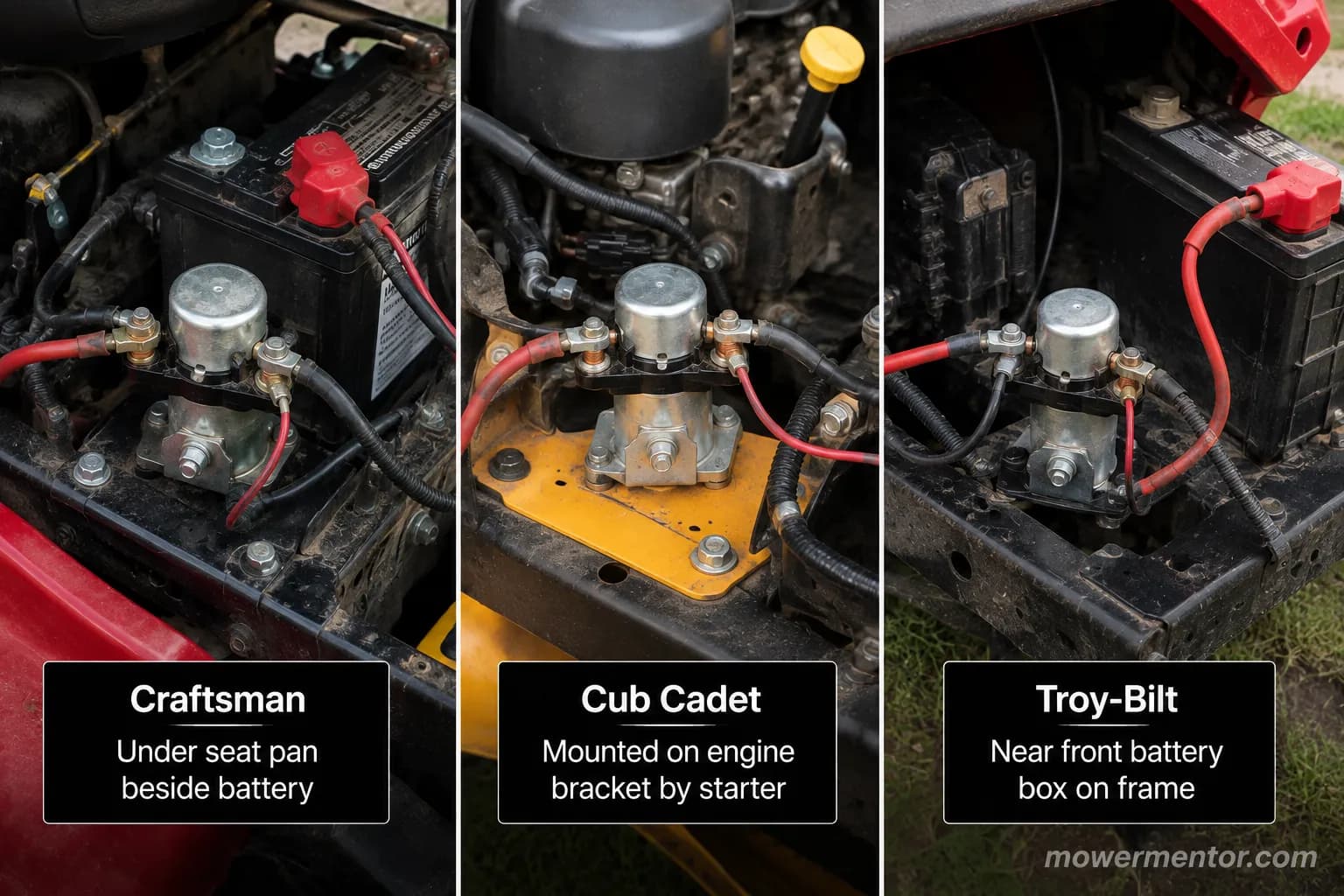 three riding mower starter solenoids shown in place on Craftsman, Cub Cadet, and Troy-Bilt machines