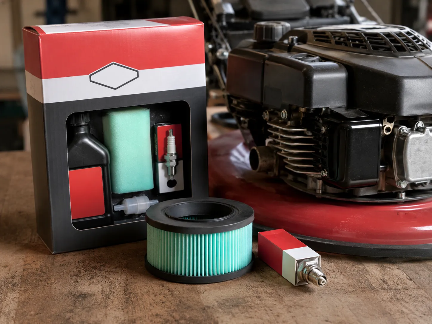 Briggs & Stratton 5140B tune-up kit beside a compatible Quantum push mower engine with new air filter and spark plug.