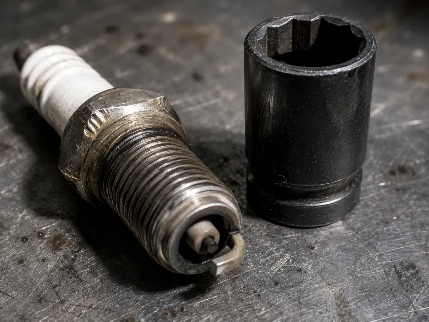 Close-up of a used spark plug with rounded 5/8-inch hex corners beside a rubber-lined spark plug socket on a scratched steel workbench, showing damage caused by a standard deep socket.