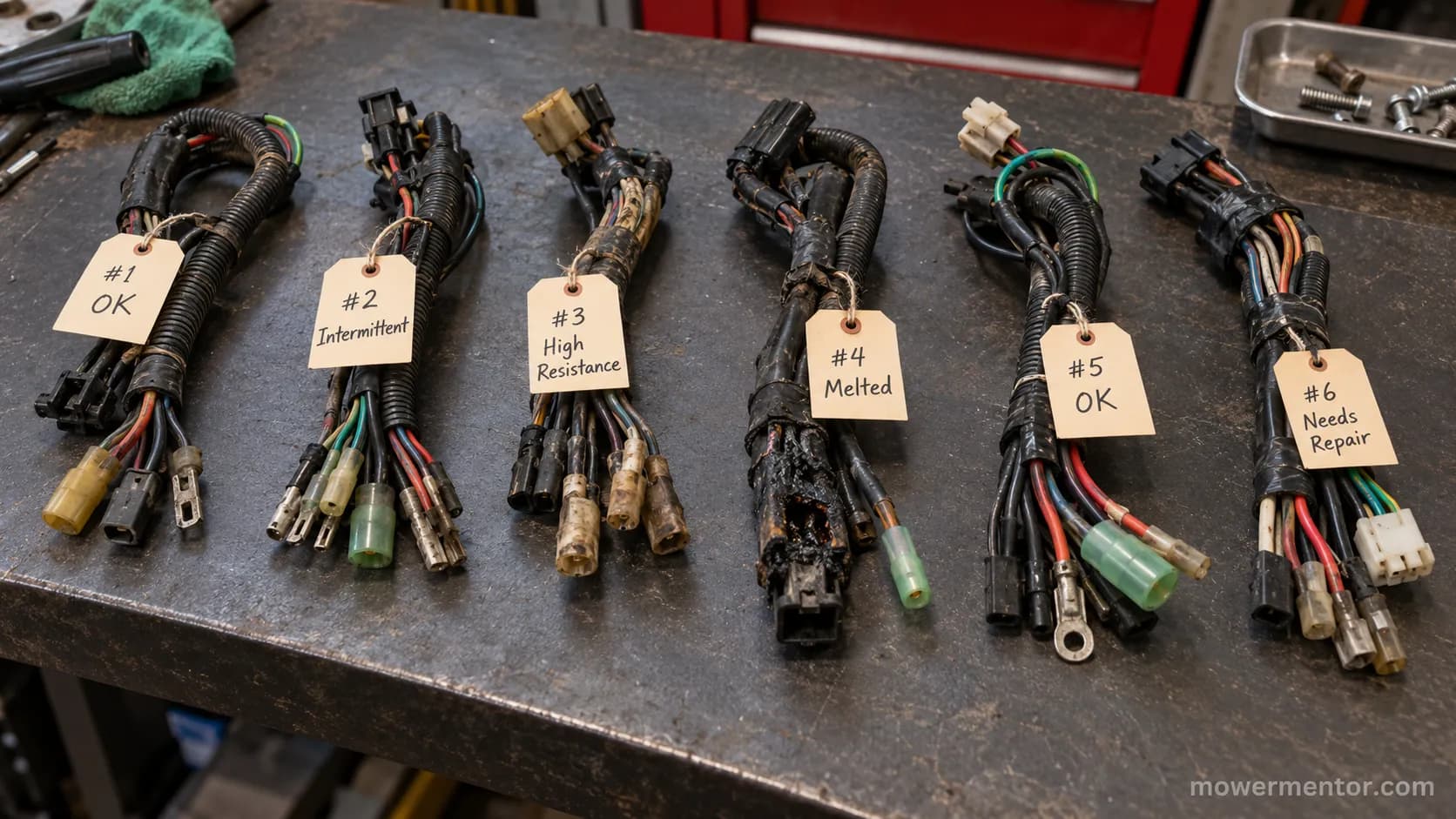 Six failed lawn mower wiring harnesses laid out and labeled for bench testing