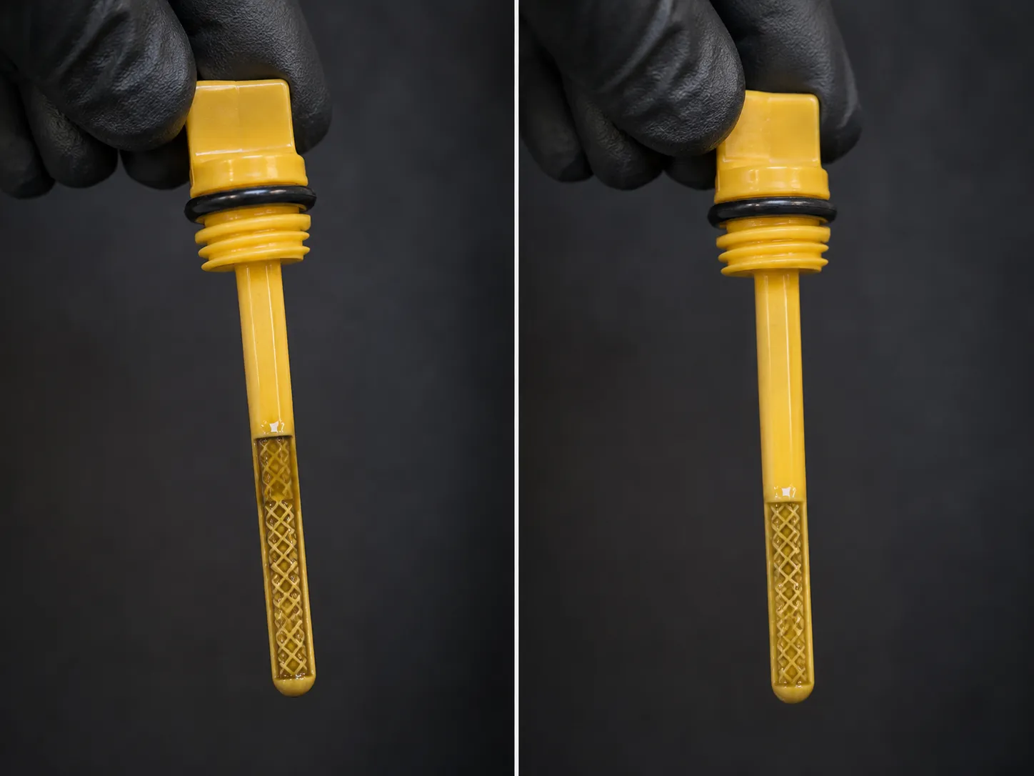 Side-by-side macro comparison of the same small engine dipstick showing oil level when fully screwed in versus seated only, highlighting about a quarter-inch difference in the oil reading.