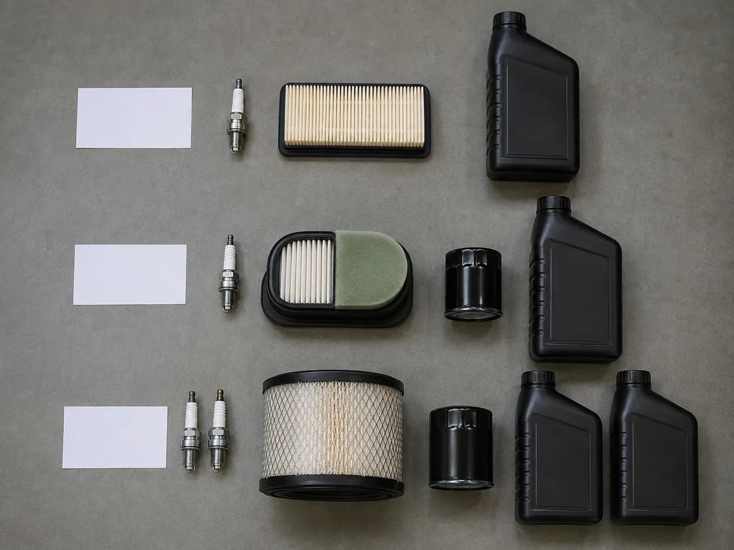 Overhead view of three small engine service parts sets arranged in labeled rows, comparing maintenance kits for three body styles with spark plugs, air filters, oil filters, and engine oil bottles.
