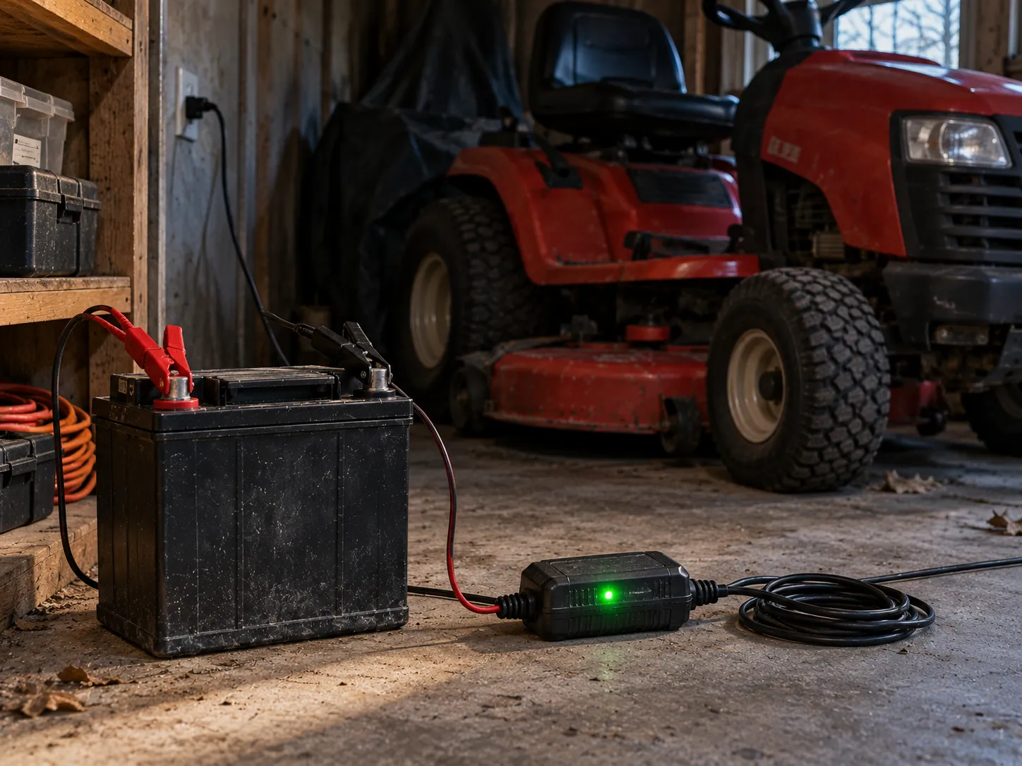 A smart battery maintainer connected to a Troy-Bilt mower battery in off-season storage.