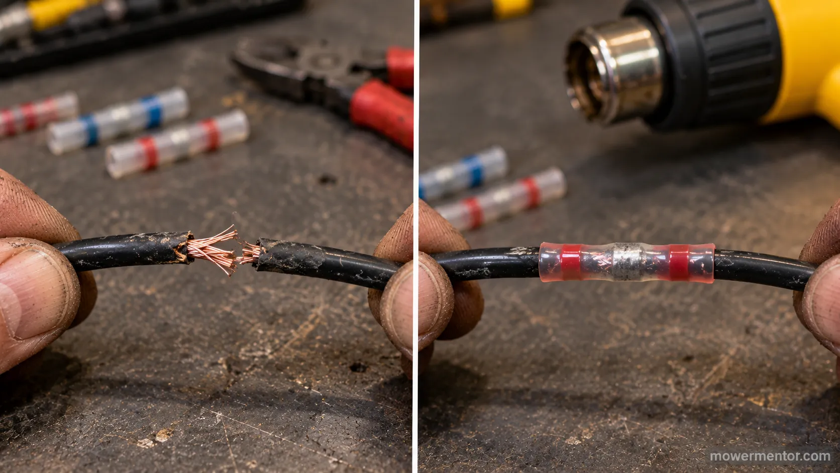 Before and after a solder-seal splice repair on a lawn mower harness wire