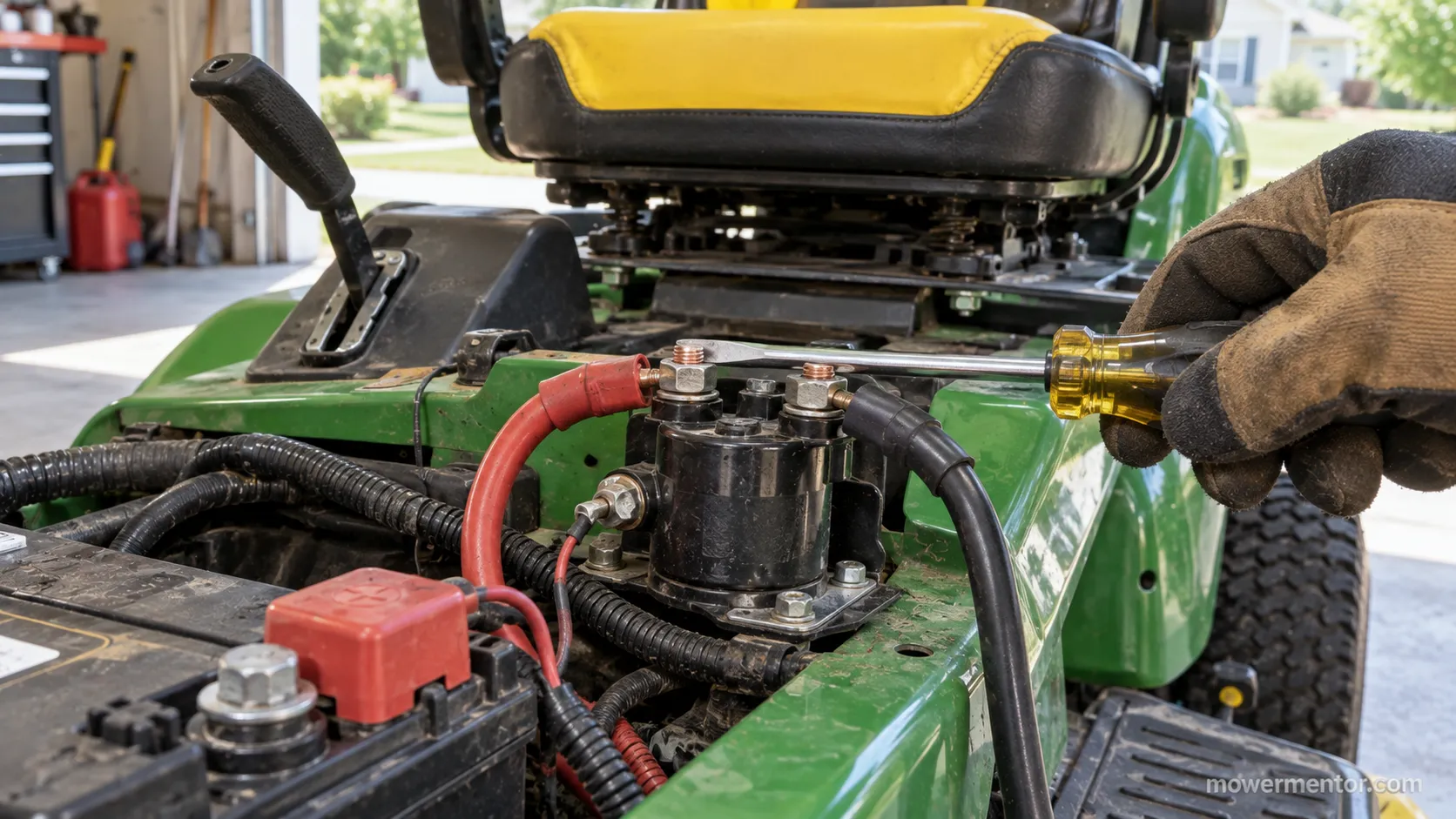 bridging a riding mower starter solenoid with the brake set and transmission in neutral