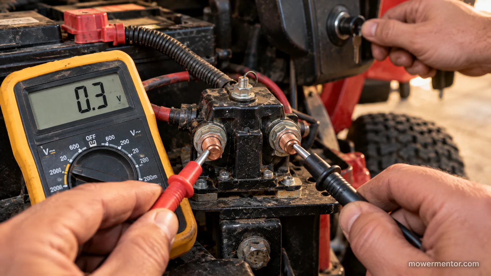 Multimeter reading 0.3 volts at a clicking mower solenoid output post during a pass-through test.