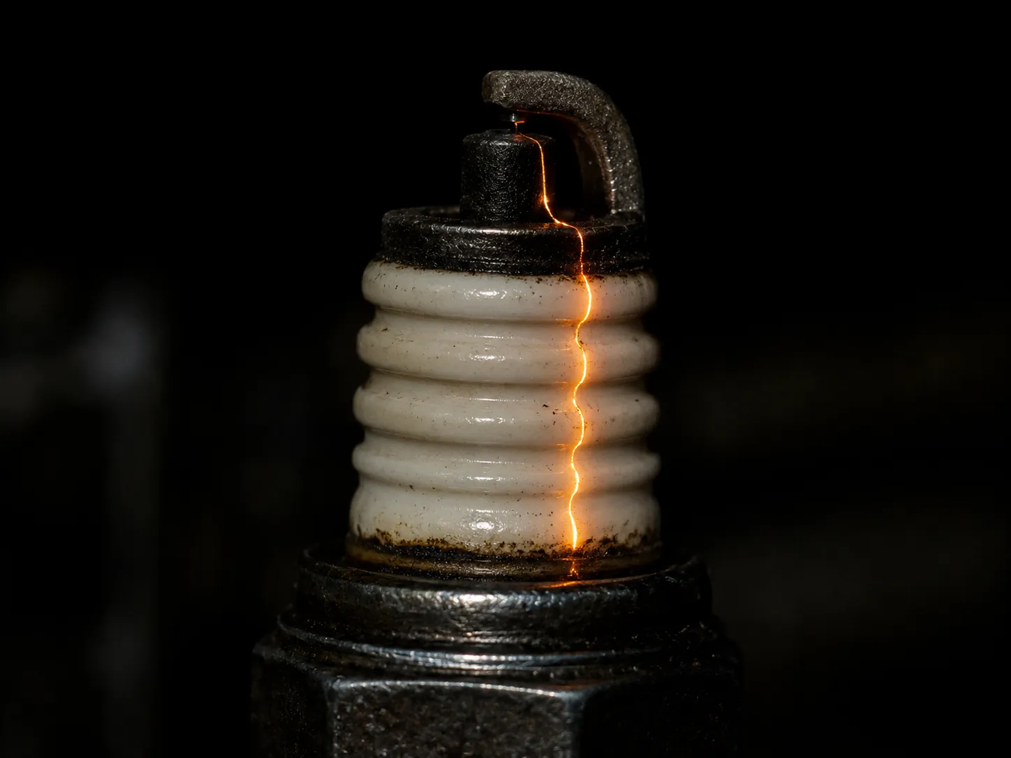 Close-up of a small engine spark plug with a weak orange electrical arc tracking down the ceramic insulator instead of crossing the electrode gap, showing spark leakage and ignition failure.